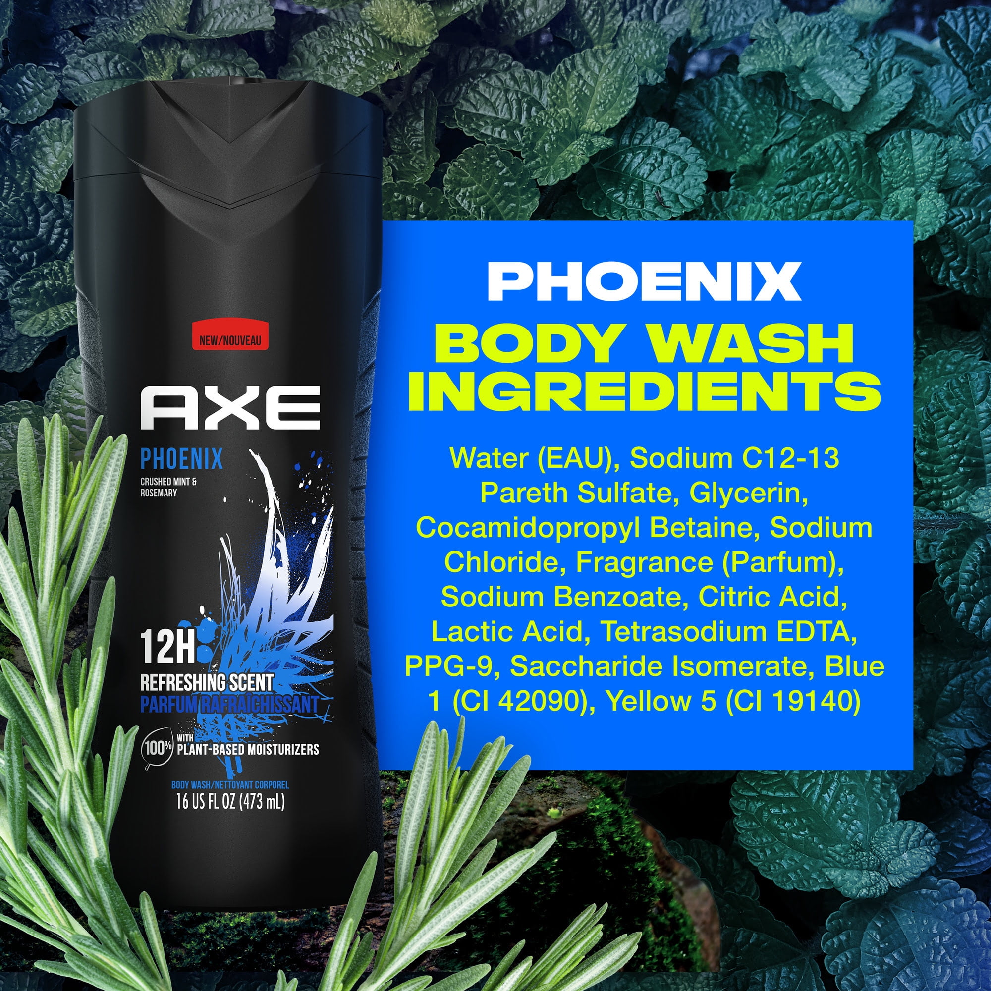 AXE Phoenix Refreshing Men's Body Wash, Crushed Mint and Rosemary Scent, Long-Lasting Freshness (16 fl oz, 2 Pack) 155es