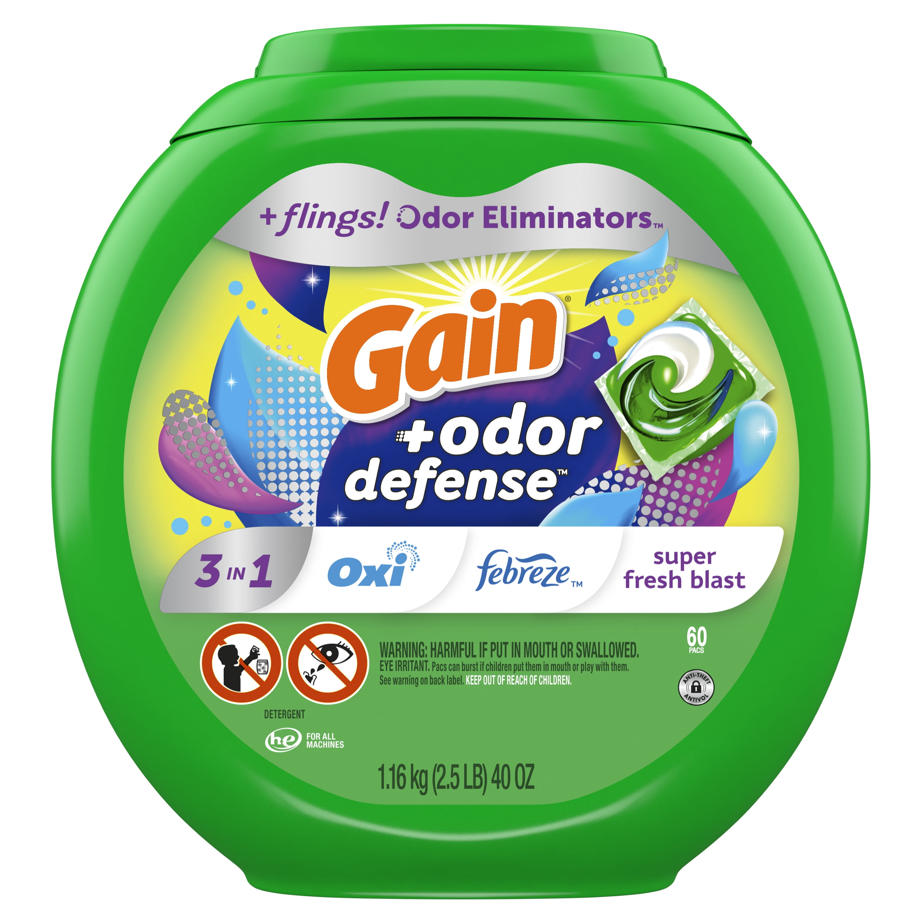 Gain Flings Laundry Detergent Pacs with Odor Defense, Super Fresh Blast Scent (60 Count) ww89q