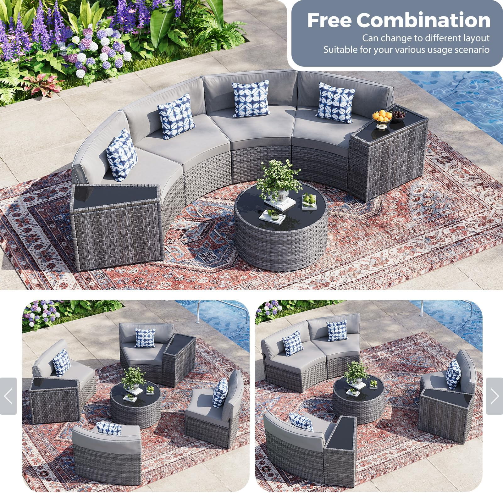 CDCASA 7 Piece Patio Furniture Set, All-Weather Wicker Rattan Curved Sectional Sofa with Coffee Table (Grey, 7 Piece Set) 2kfzr