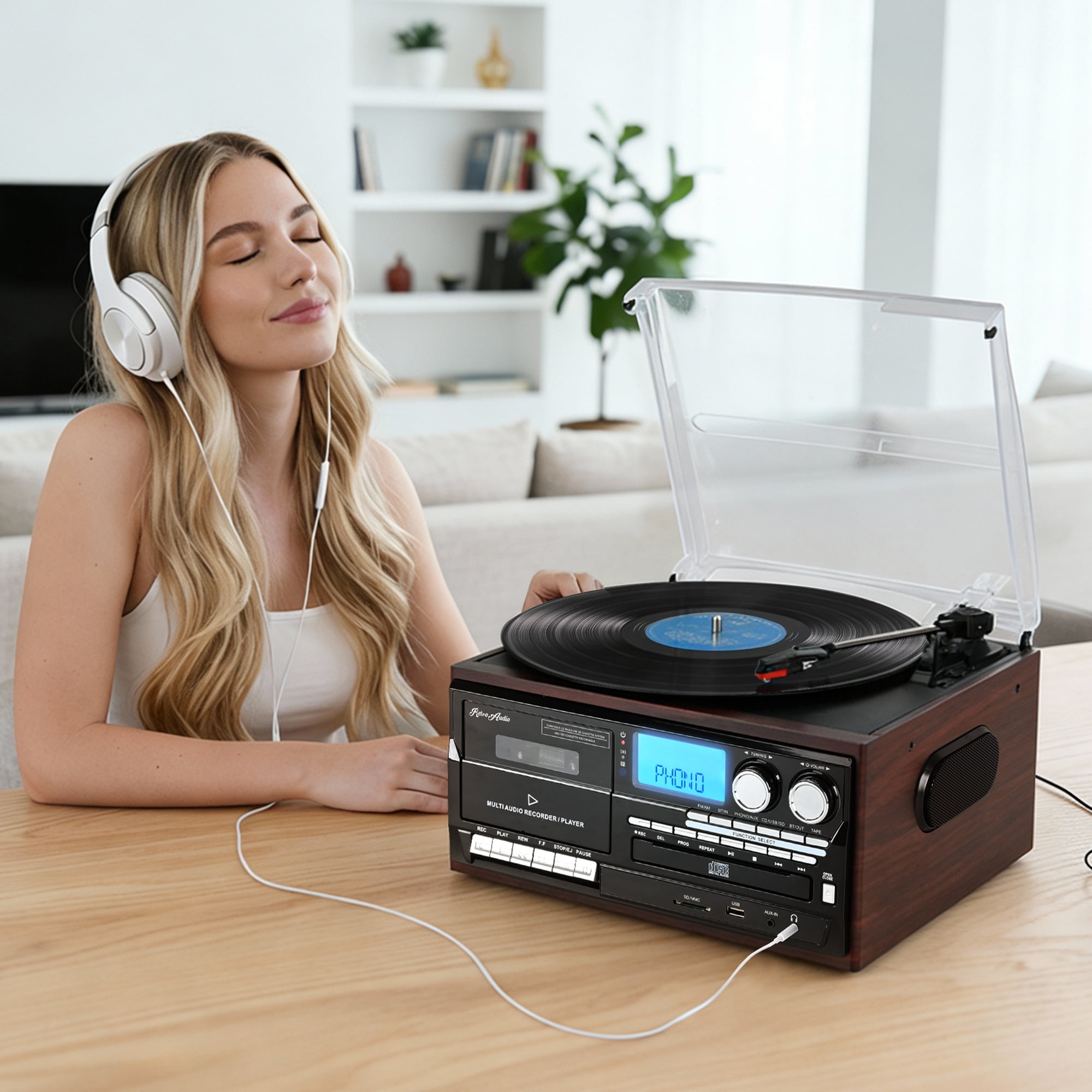 RetroAudio 10-in-1 Vintage Turntable System with Bluetooth, CD, Cassette, AM/FM Radio, and USB Recording (Red) 6i40e