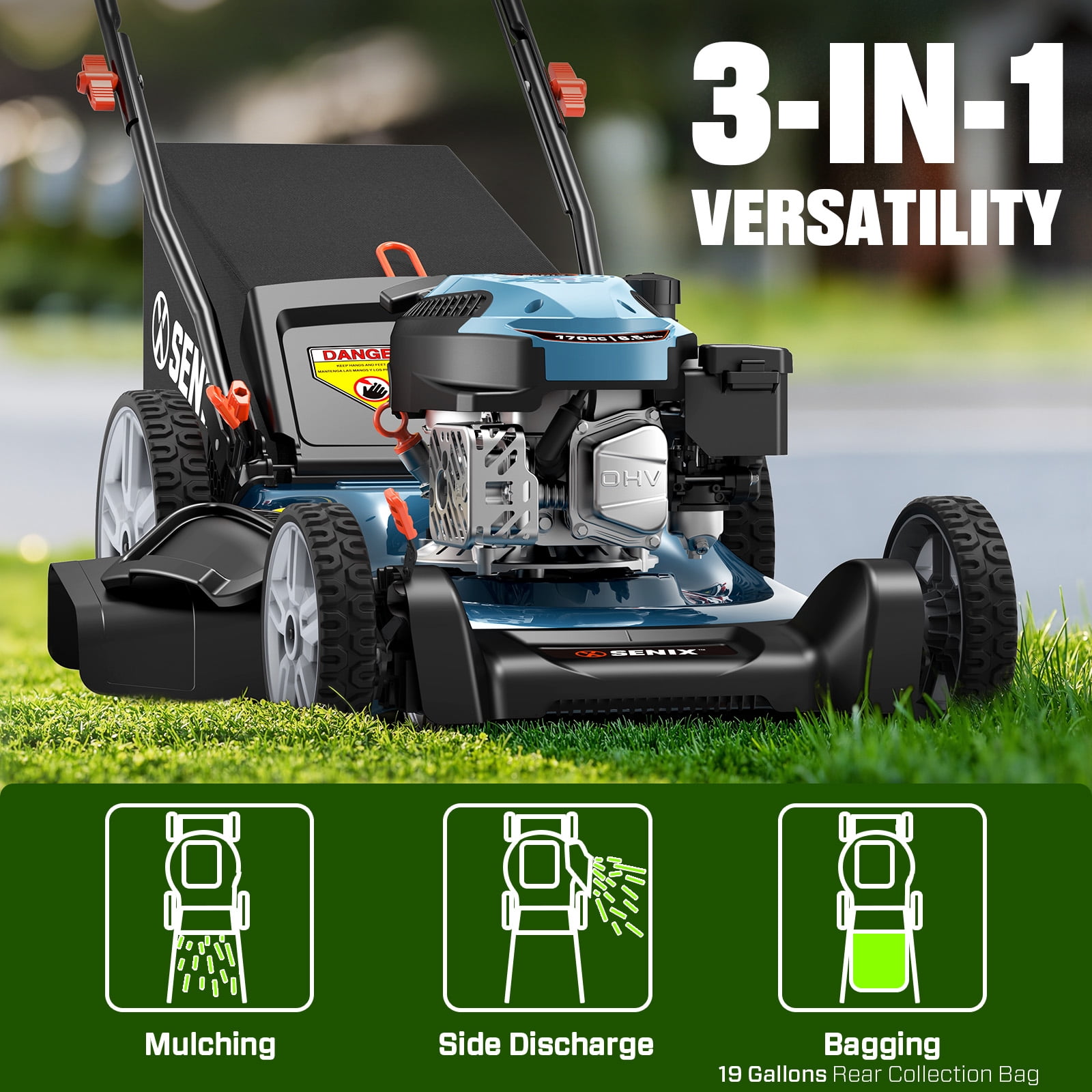 Senix Gas Lawn Mower 21 in Cutting Width 144cc 4-Cycle Engine 3-in-1 (Blue, 21 in) hnvuj