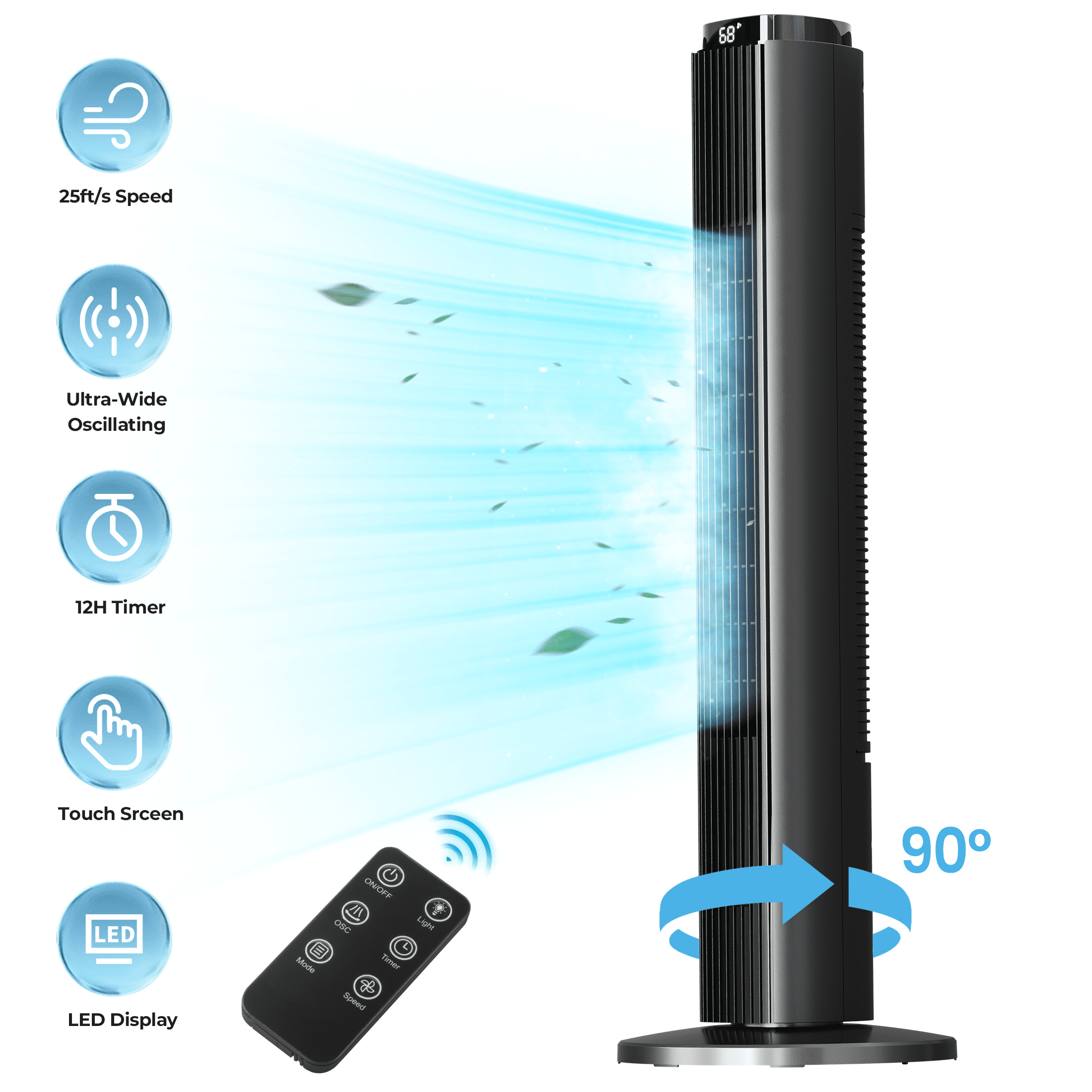 KissAir 37 in Tower Fan with Remote, 6 Speeds, 90 Degree Oscillation, Quiet Bladeless Cooling for Home and Office (Black, 37 in) 28axd