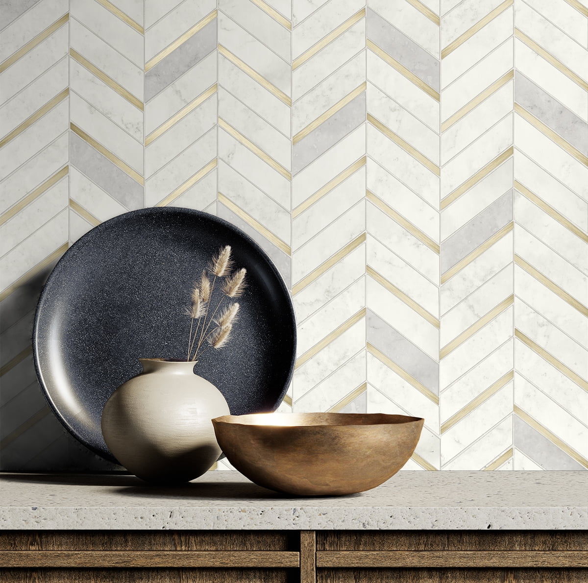 NextWall Metallic Gold & Pearl Gray Chevron Marble Tile Peel and Stick Wallpaper (Gold, 20.5 in. x 18 ft.) mrzf3