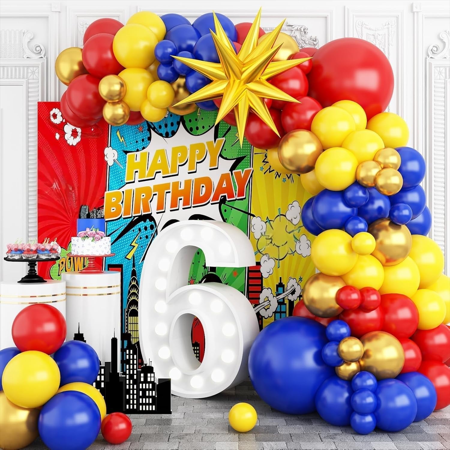 Party Decor Balloon Garland Kit, Carnival Circus Arch Set with Red Yellow Blue and Metallic Gold Balloons (111 Piece Set) 70szc