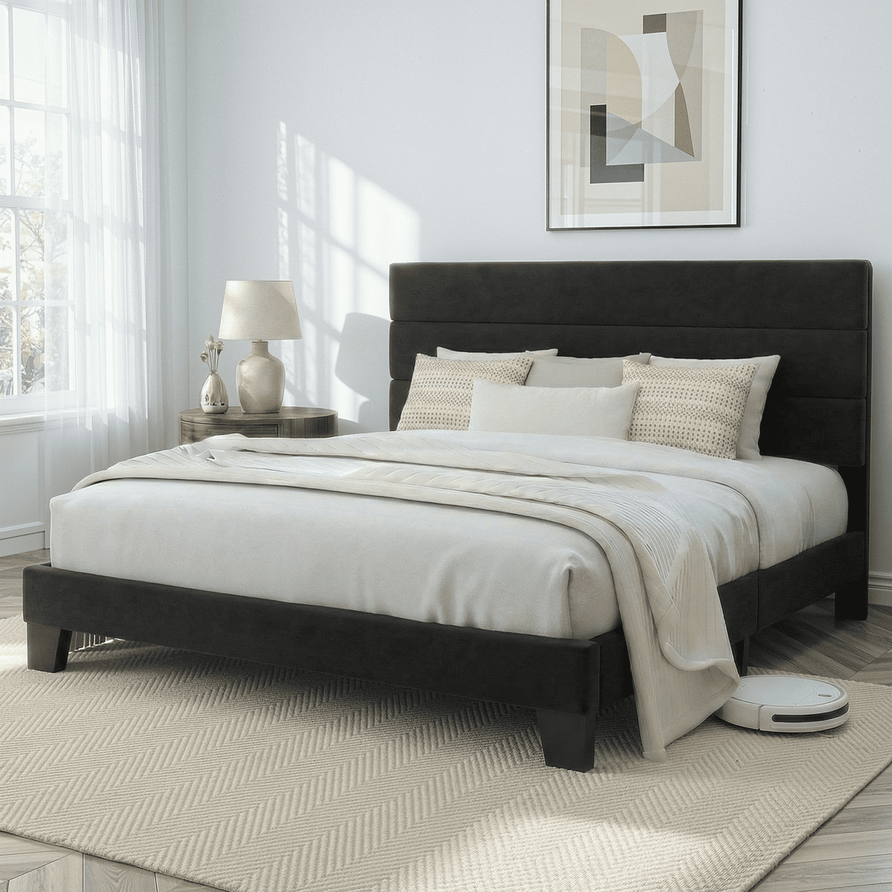 Amolife King Platform Bed Frame, Velvet Upholstered Headboard, Noise-Free Steel Support (Black, King) vul89