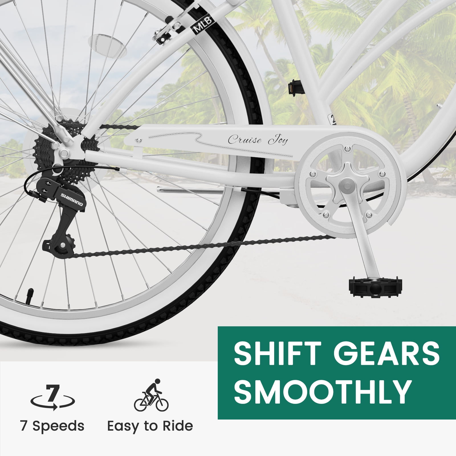 MOONCOOL 7-Speed Beach Cruiser Bike, Step-Through Frame Commuter Bicycle with Cargo Rack (White, 26 in) 89y2i
