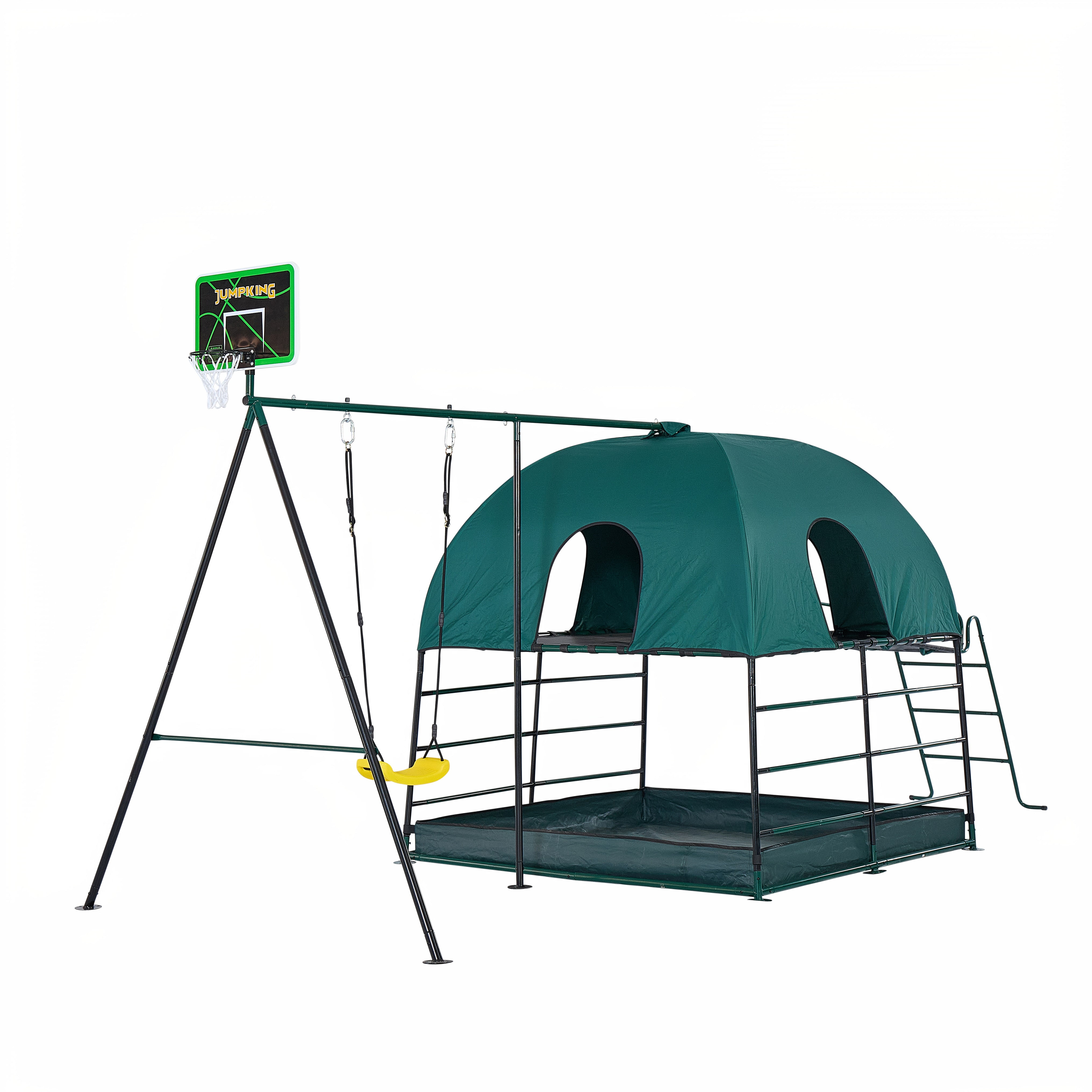 JumpKing Ultimate Adventure Playset, 5-Station Indoor & Outdoor Climbing Den with Swing and Basketball Hoop (Green) wqacy