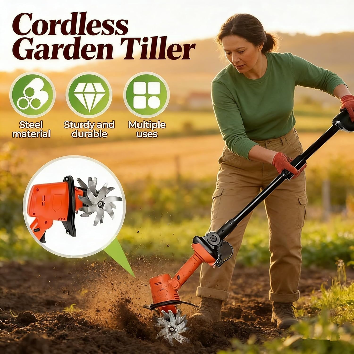 Generic 21V Cordless Mini Tiller Cultivator, Electric Garden Rototiller with Dual Batteries (5 in Width, 5 in Depth) mlw7j