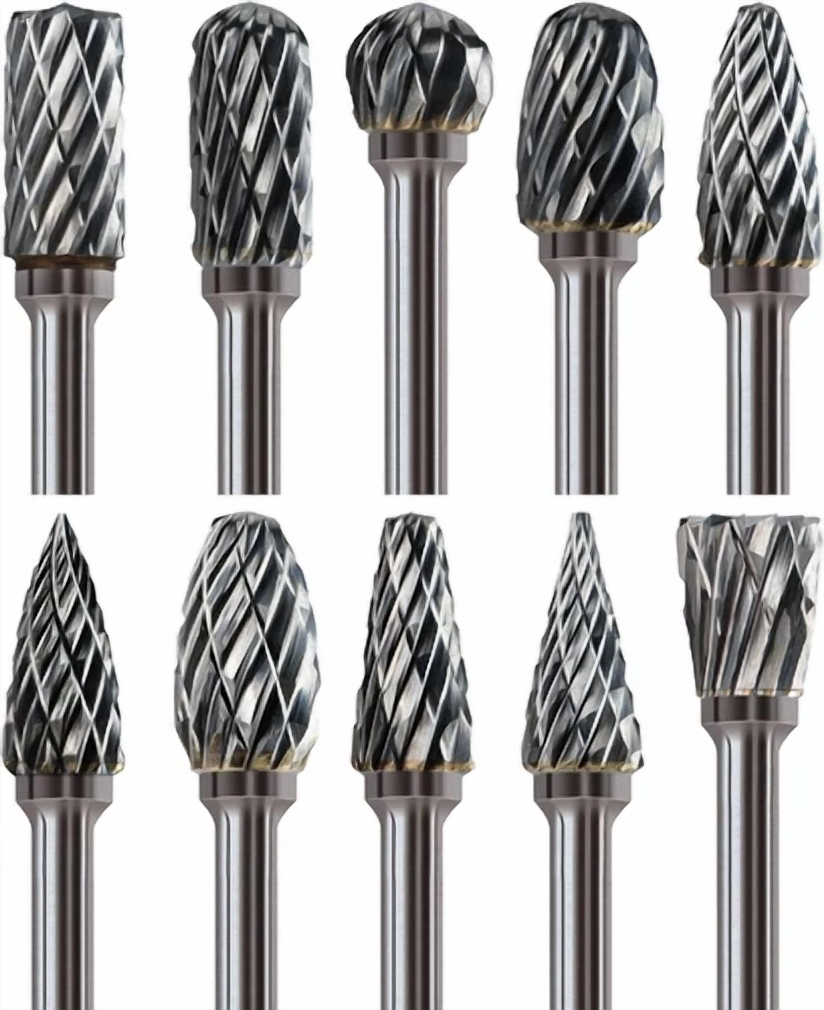 Knack Carbide Burr Bit Set, Rotary Tool Grinding Accessories for Metalworking (10 Pieces, 0.125 in Shank) io8yf