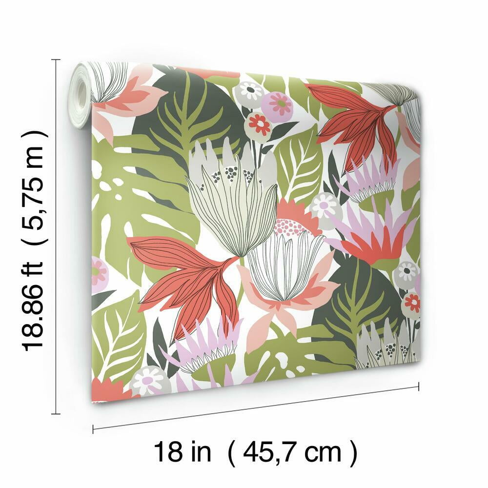 RoomMates Retro Tropical Leaves Peel and Stick Wallpaper (Pink, 20.5 in x 16.5 ft) jncuq
