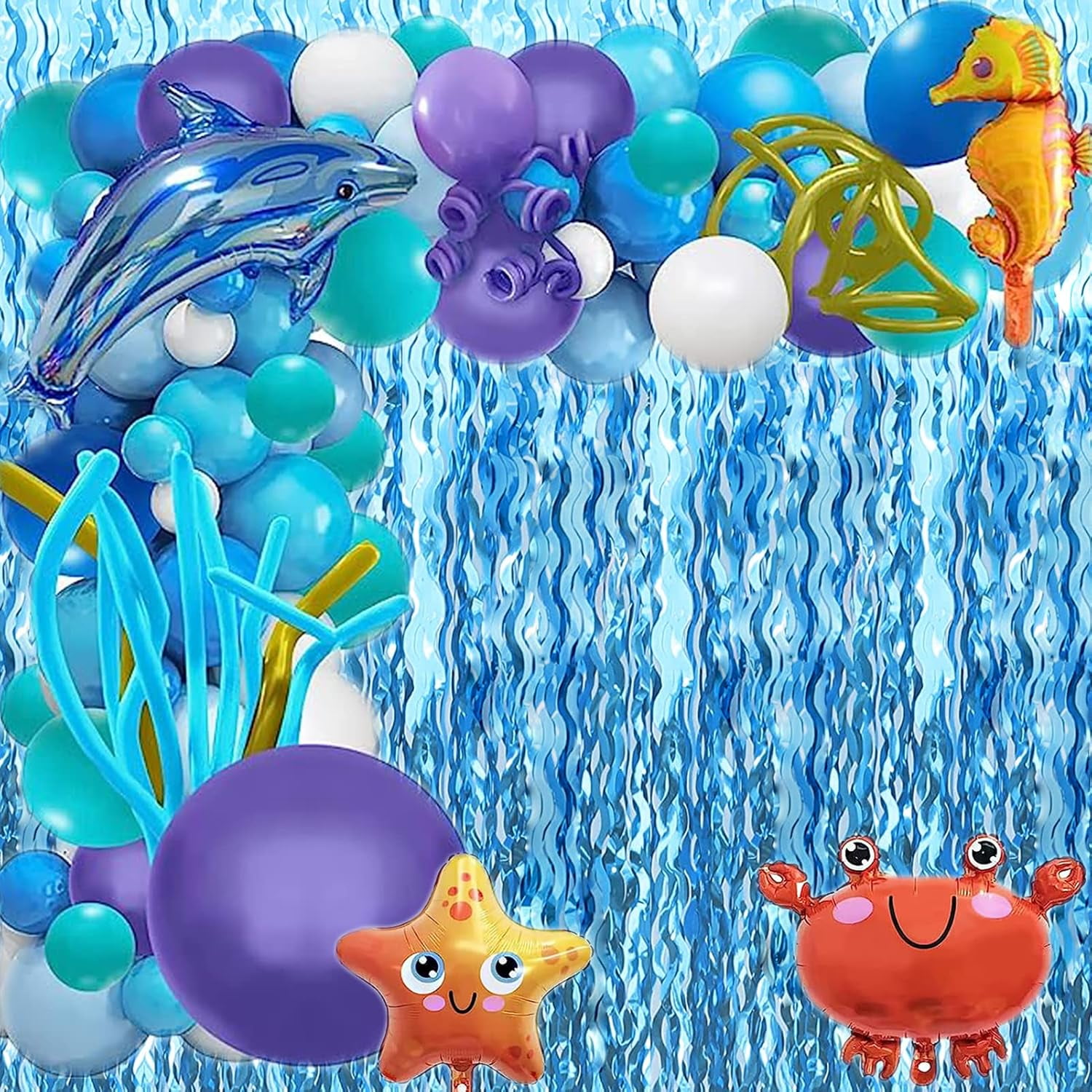 MEYSIMOON Wavy Foil Fringe Curtain Backdrop for Beach and Pool Party Decorations (Blue, 2 Pack, 3.2 ft x 6.5 ft) lr2do
