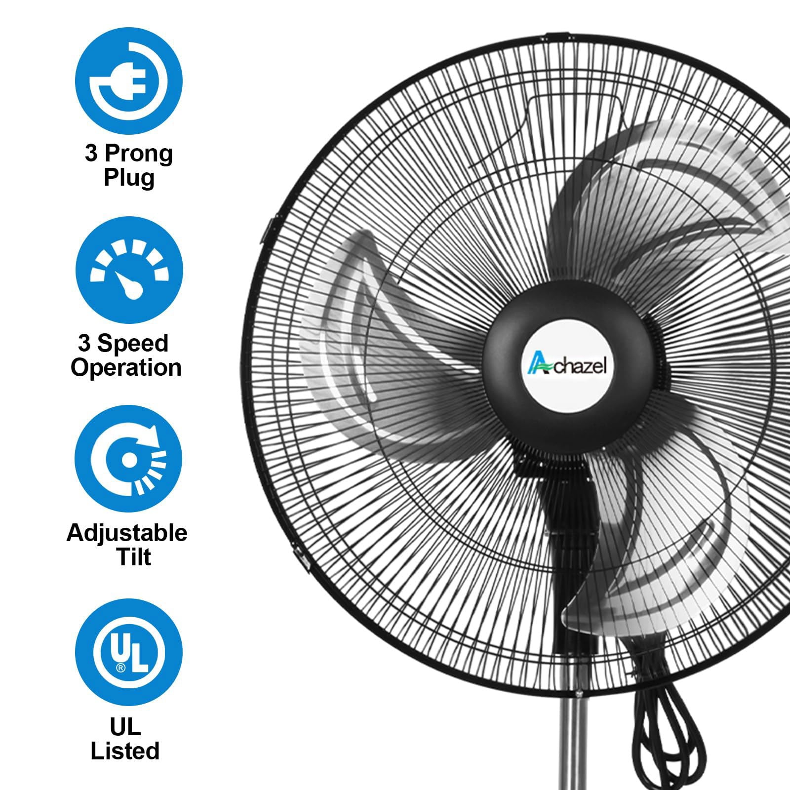 Achazel 18 in Oscillating Pedestal Fan, 3-Speed Heavy-Duty Industrial Standing Fan with Adjustable Height (Black, 18 in) 7sa2h