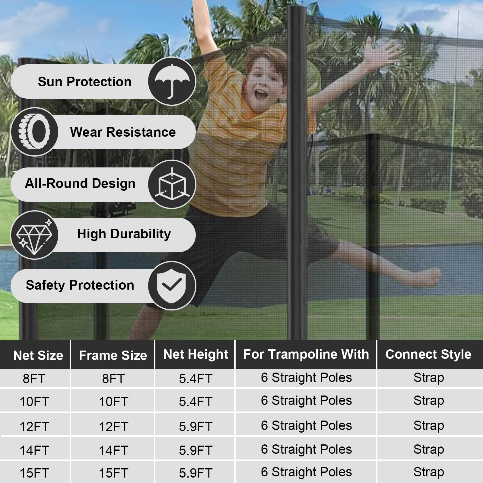 Ldyso 14ft Trampoline Replacement Safety Enclosure Net for 6 Straight Poles (Black, 14 ft) wh6lw
