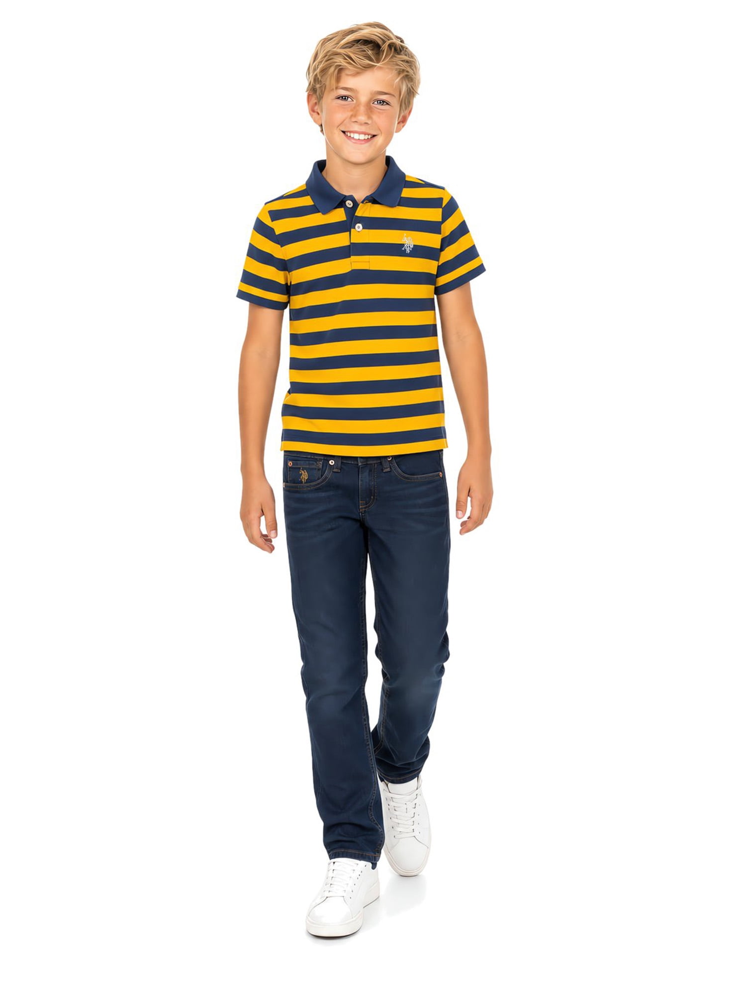 U.S. Polo Assn. Boys Striped Polo Shirt Short Sleeve Casual Top (Blue, S) s4nwg
