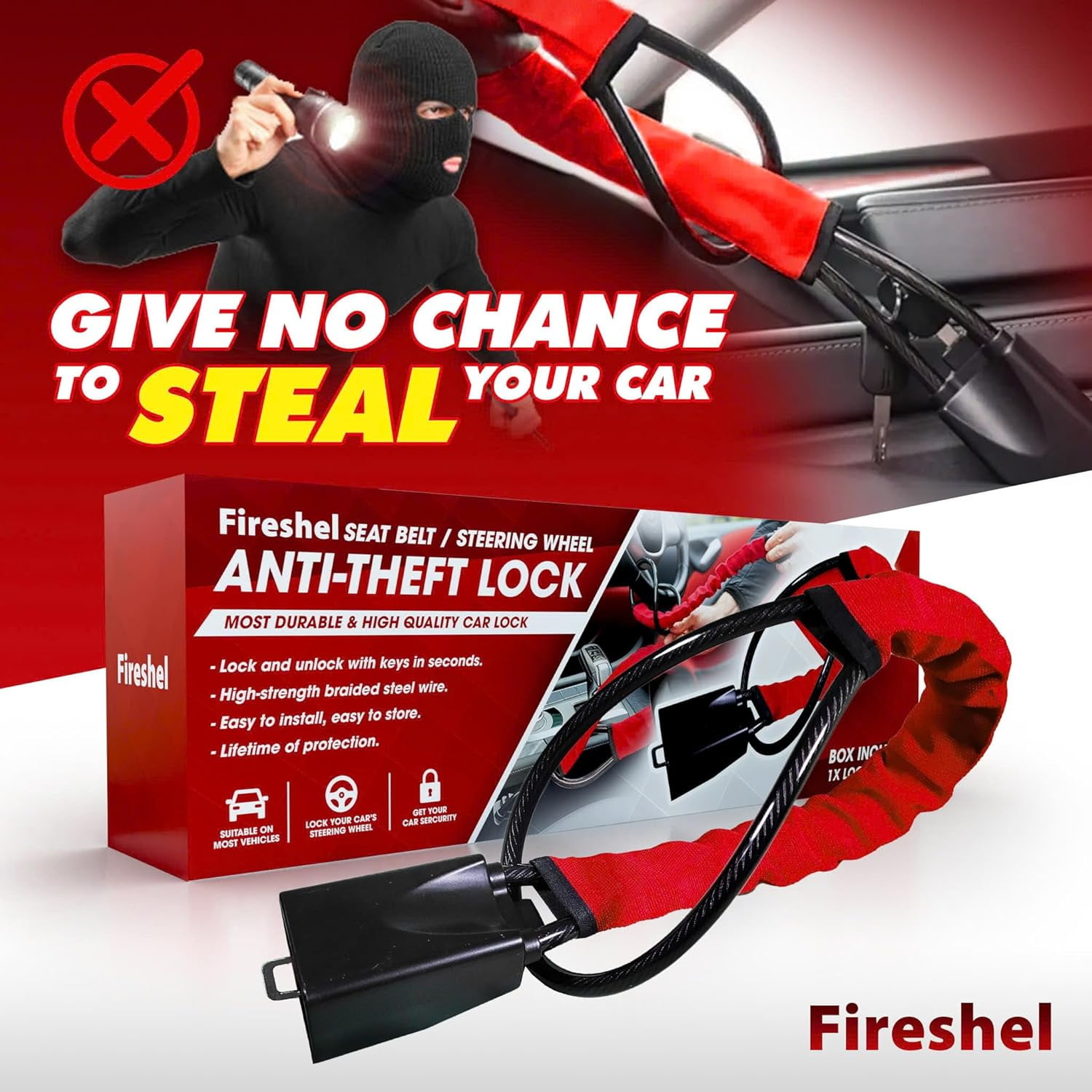 FIRESHEL Universal Steering Wheel Anti-Theft Lock, Heavy-Duty Steel Cable Security Device for Cars, SUVs, and Trucks (19.7 in) 0ybqk