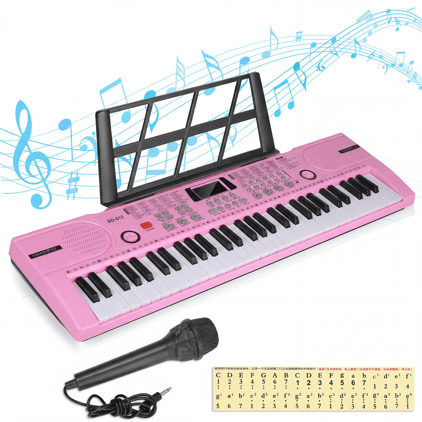 Mixfeer 61-Key Portable Electronic Keyboard Piano for Beginners with Microphone and Sheet Stand (Pink) y6d1a