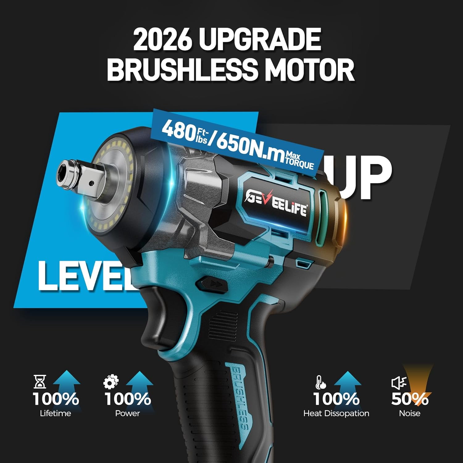 GEVEELIFE Cordless Impact Wrench 1/2 Inch Brushless Power Tool Set with 2 Batteries (480 ft-lbs, 3300 RPM) 46n8f