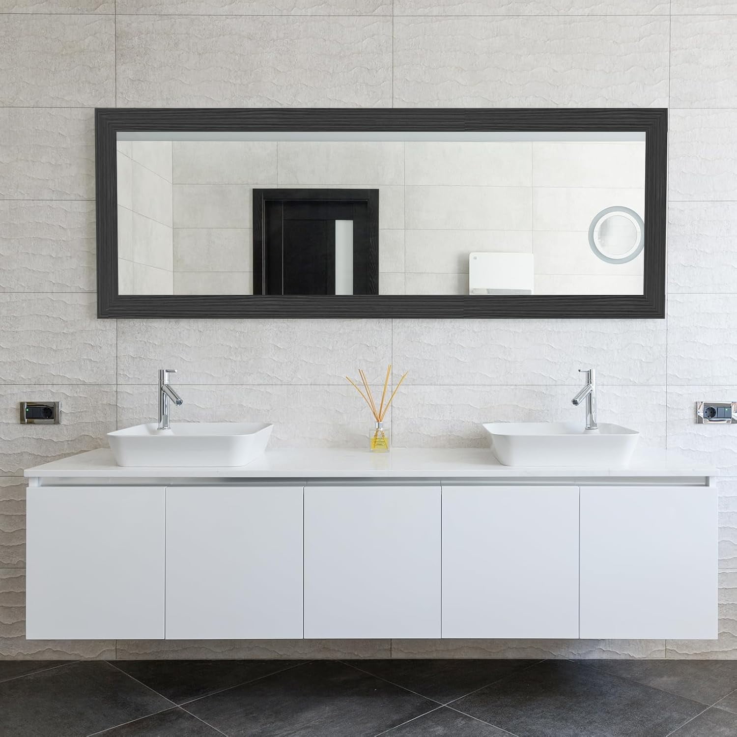 Manss Peel and Stick Wood Grain Border, Waterproof Self-Adhesive Mirror Frame Trim (Black, 3.93 in x 32 ft) 96g95