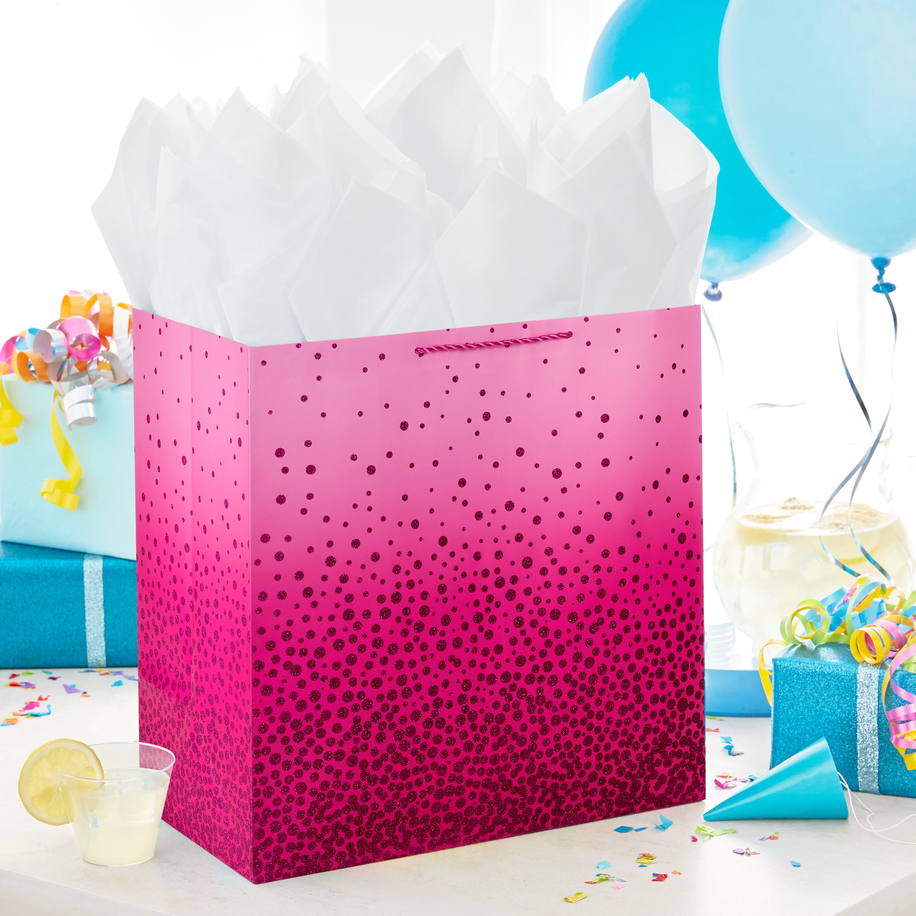 Hallmark Extra-Deep Gift Bag (Pink with Cascading Dots, 14.7 in x 15 in x 8.2 in) iaskx