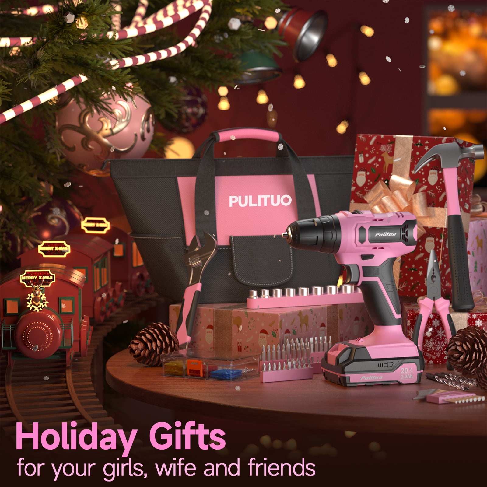 Pulituo 20V Cordless Drill Driver Kit, 238-Piece Home Repair Tool Set with Battery and Storage Case (Pink, 238-Piece) dxrfn