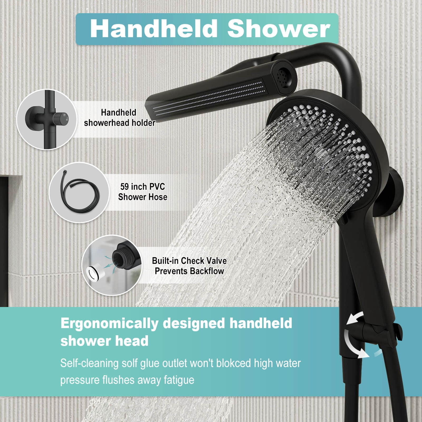 Giving Tree Wall Bar Shower System with 360° Rotating Fixed Head and 6-Spray Handheld (Matte Black) 5ernq