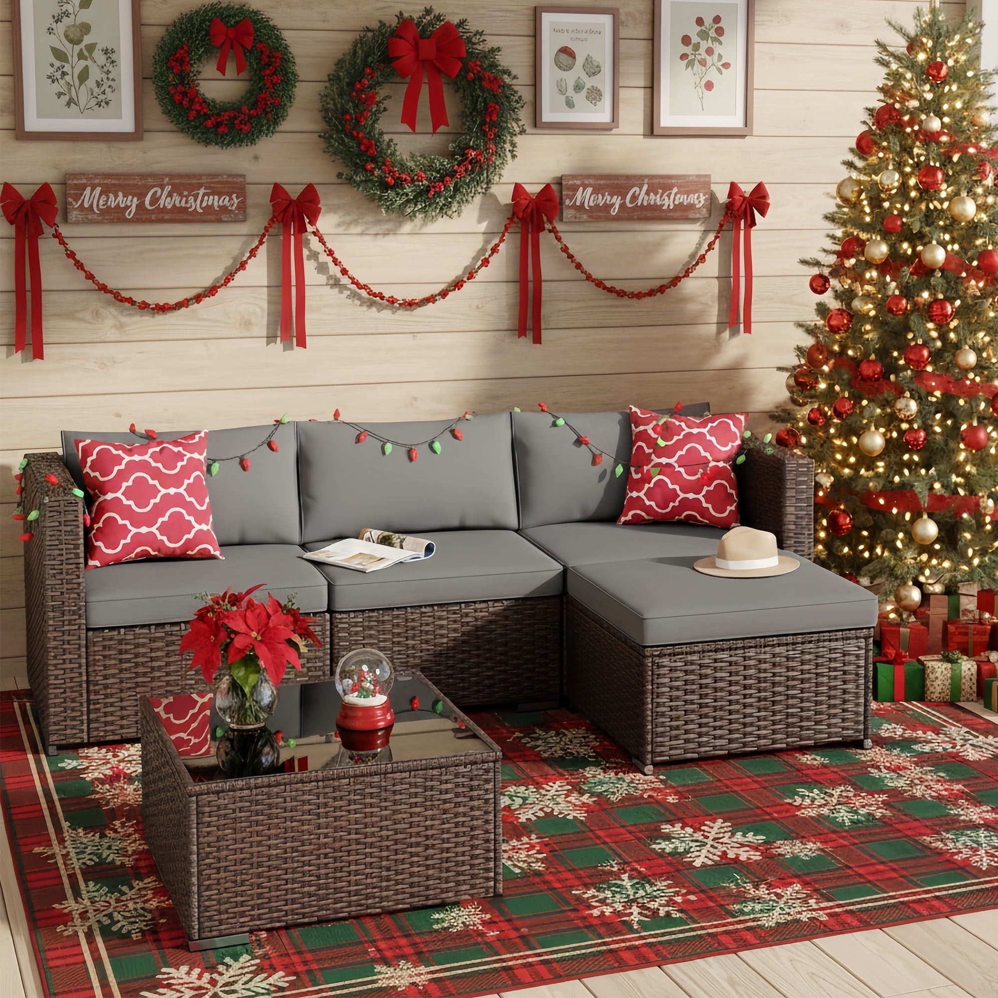 Noelse 5-Piece Wicker Patio Furniture Set, Outdoor Sectional Conversation Sofa with Coffee Table (Gray, 80 in W x 52 in D x 25 in H) 8y75x