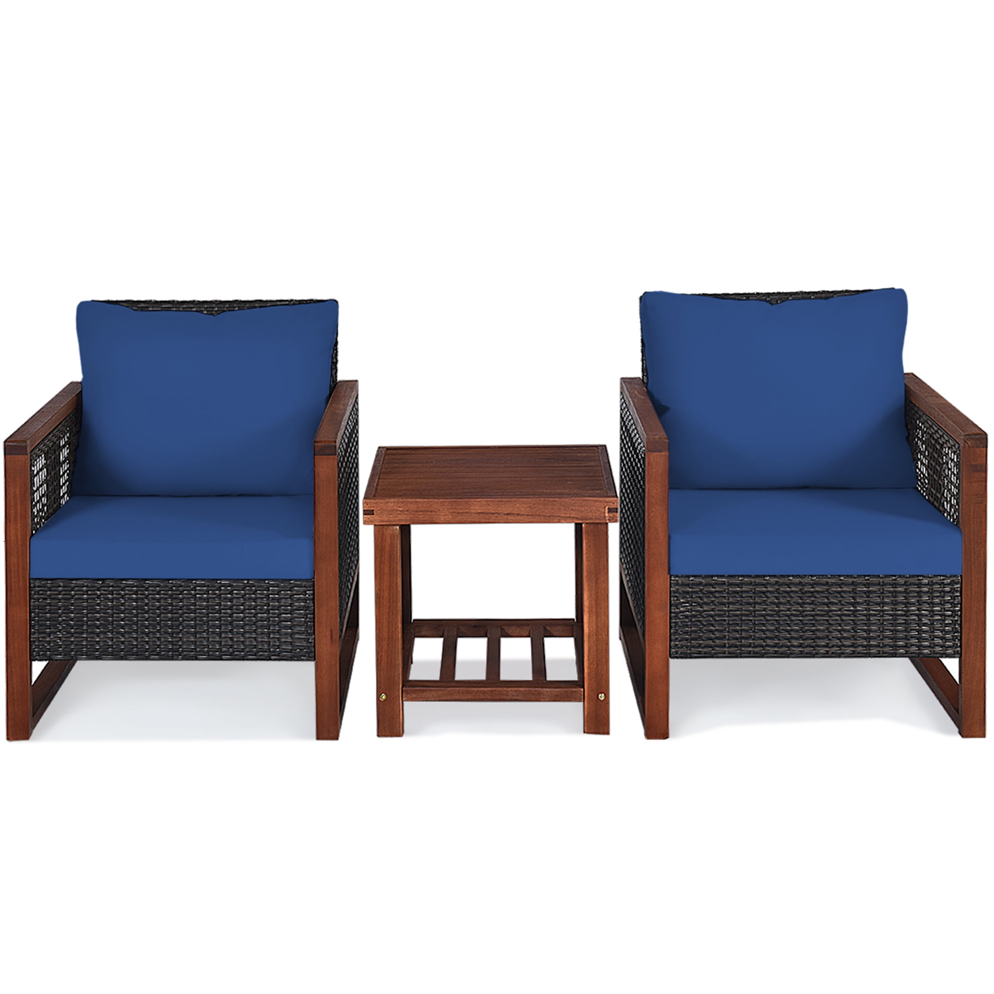 Gymax 3-Piece Rattan Wicker Patio Conversation Set with Navy Cushions (Acacia Wood Frame) 2o7cx