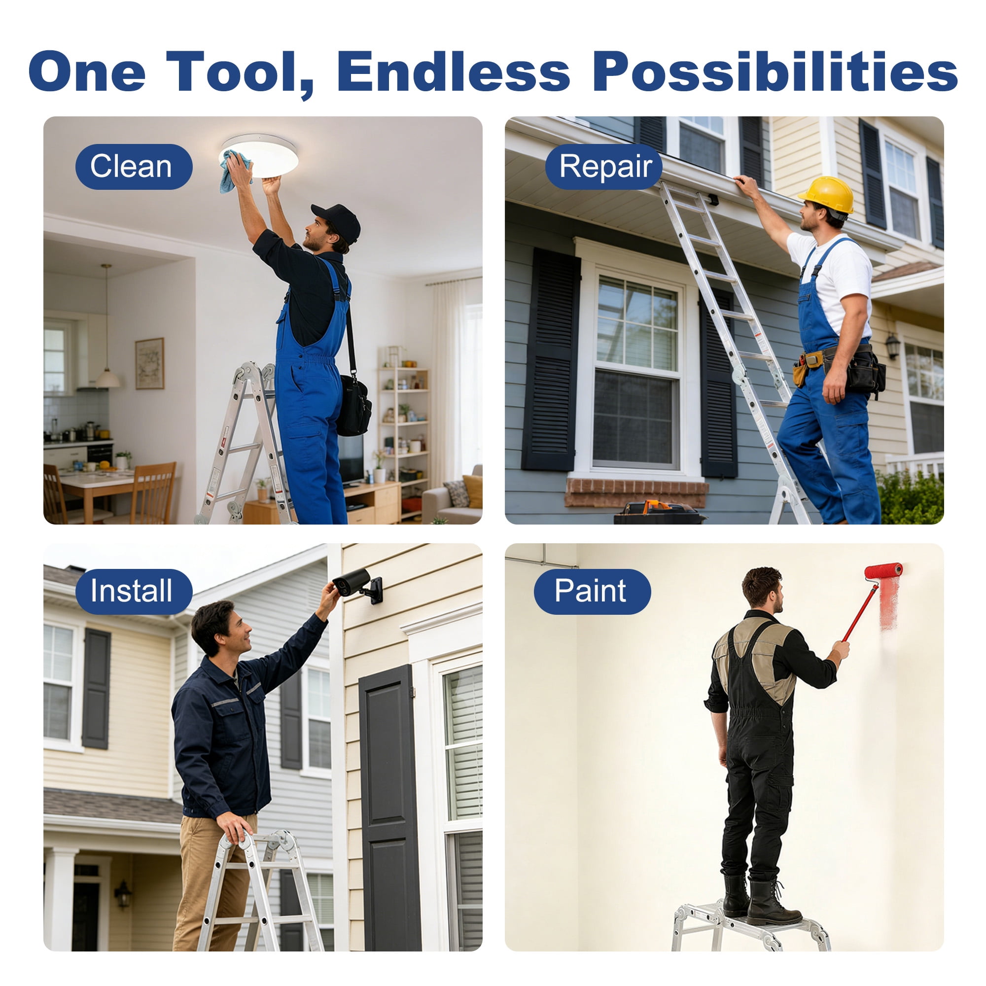 edx Multi-Purpose Folding Telescoping Ladder, Heavy-Duty Aluminum Alloy, Anti-Slip Design & Safety Lock System (White, 330 lb Capacity) 2gh0l
