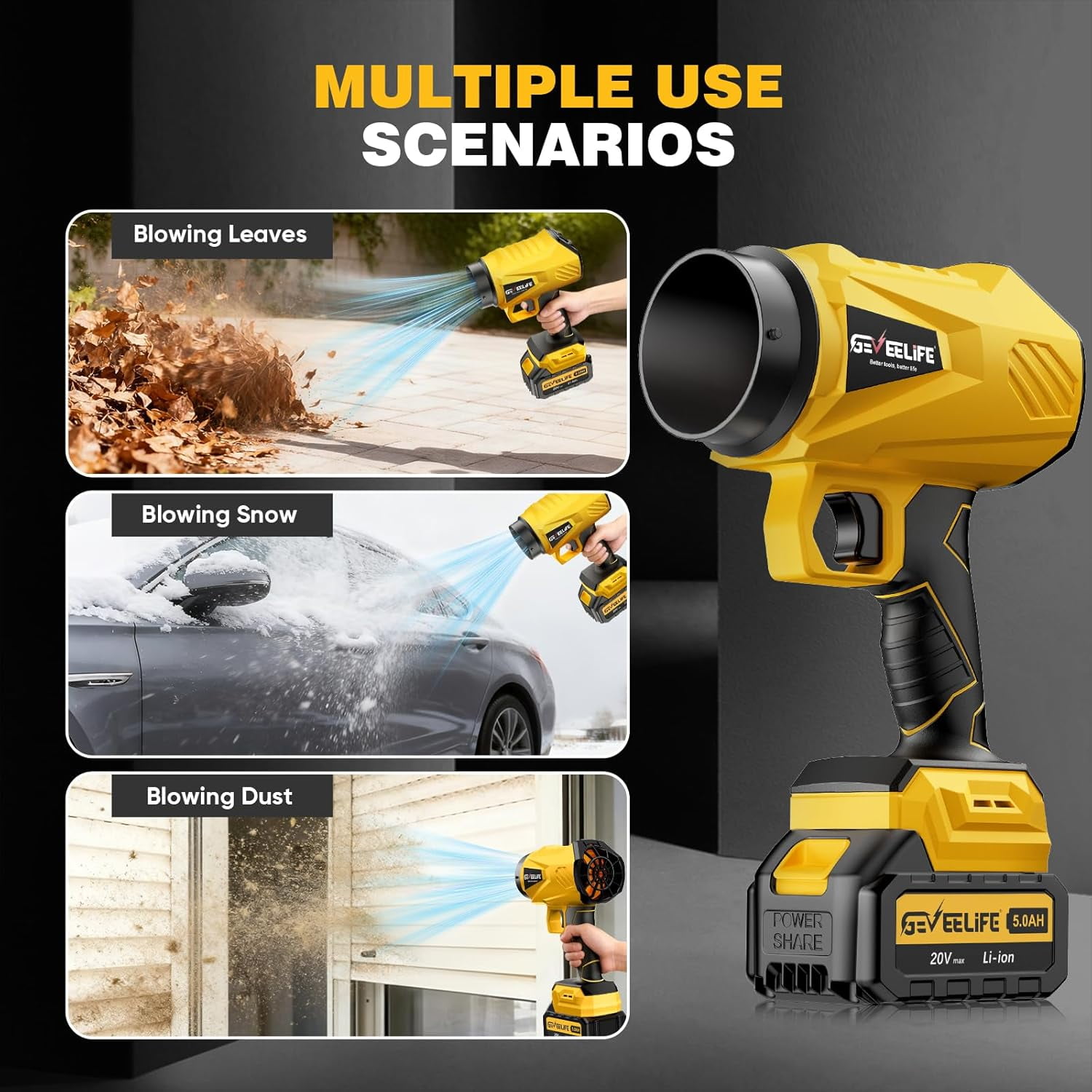GEVEELIFE Cordless Turbo Jet Leaf Blower, High-Velocity Handheld Air Blower with 2 Batteries and Charger (Yellow, 5.0Ah) aue9c