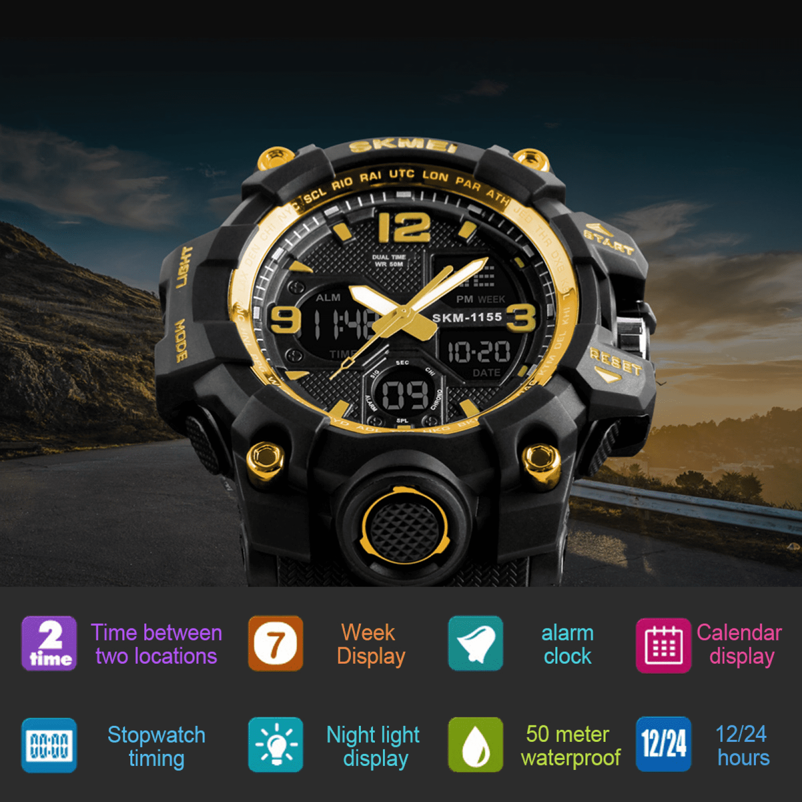 SKMEI Men's Digital Sports Watch, Large Face Military Style LED Display with Alarm and Stopwatch (Gold, 1.97 in) wu4s2