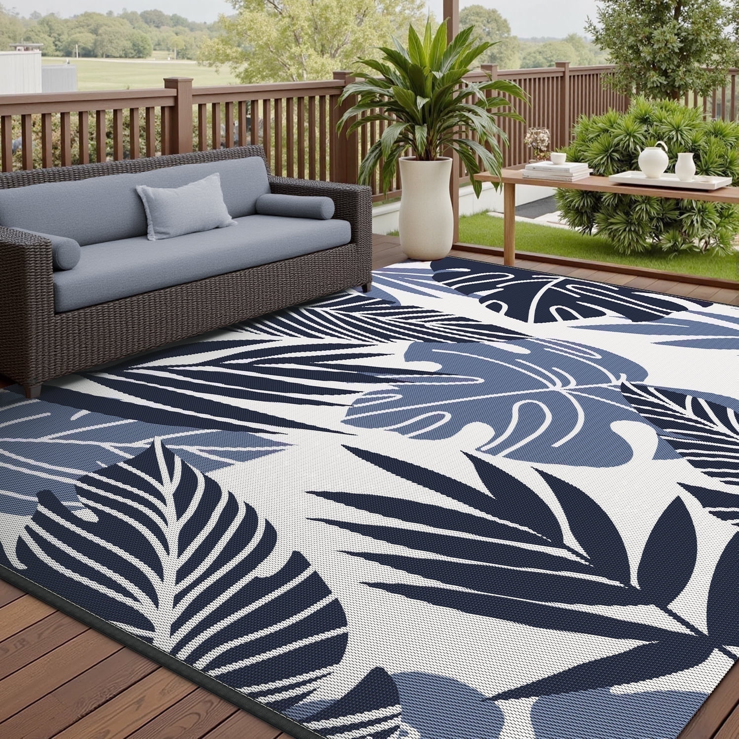 VUNATE Outdoor Rug Waterproof Reversible Patio Carpet (Beige and Blue, 5 ft x 8 ft) opul5