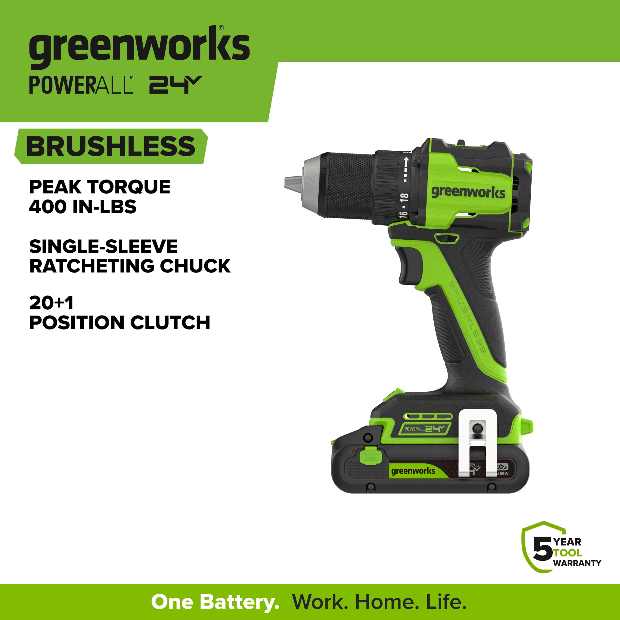 Greenworks 24V Brushless 1/2 in Cordless Drill Driver with 2 Ah Battery and Charger (Black, 2-Speed) doo1f