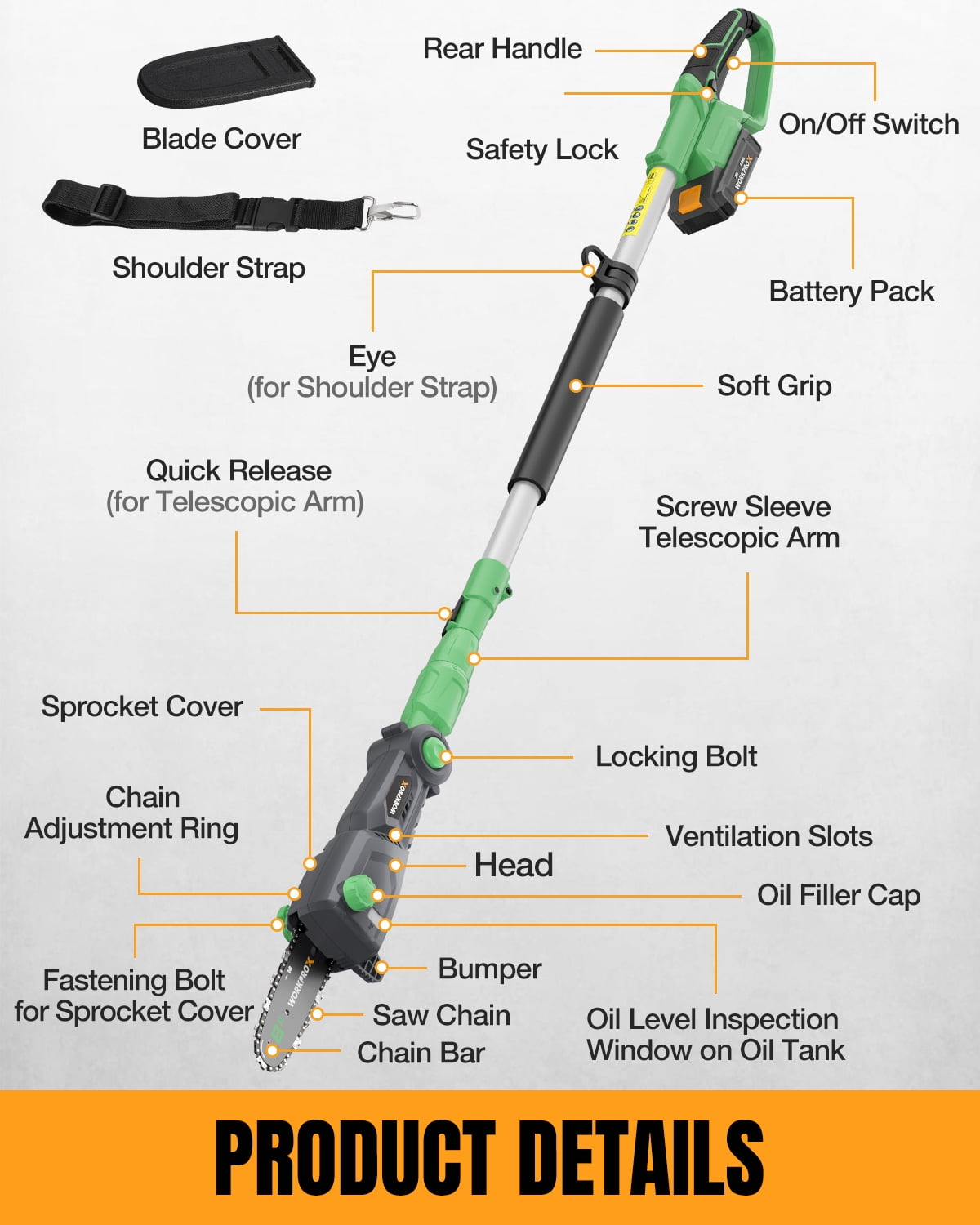 WORKPROX 20V Cordless Electric Pole Saw for Tree Trimming (Green, 9.2 ft Reach) hnhzf