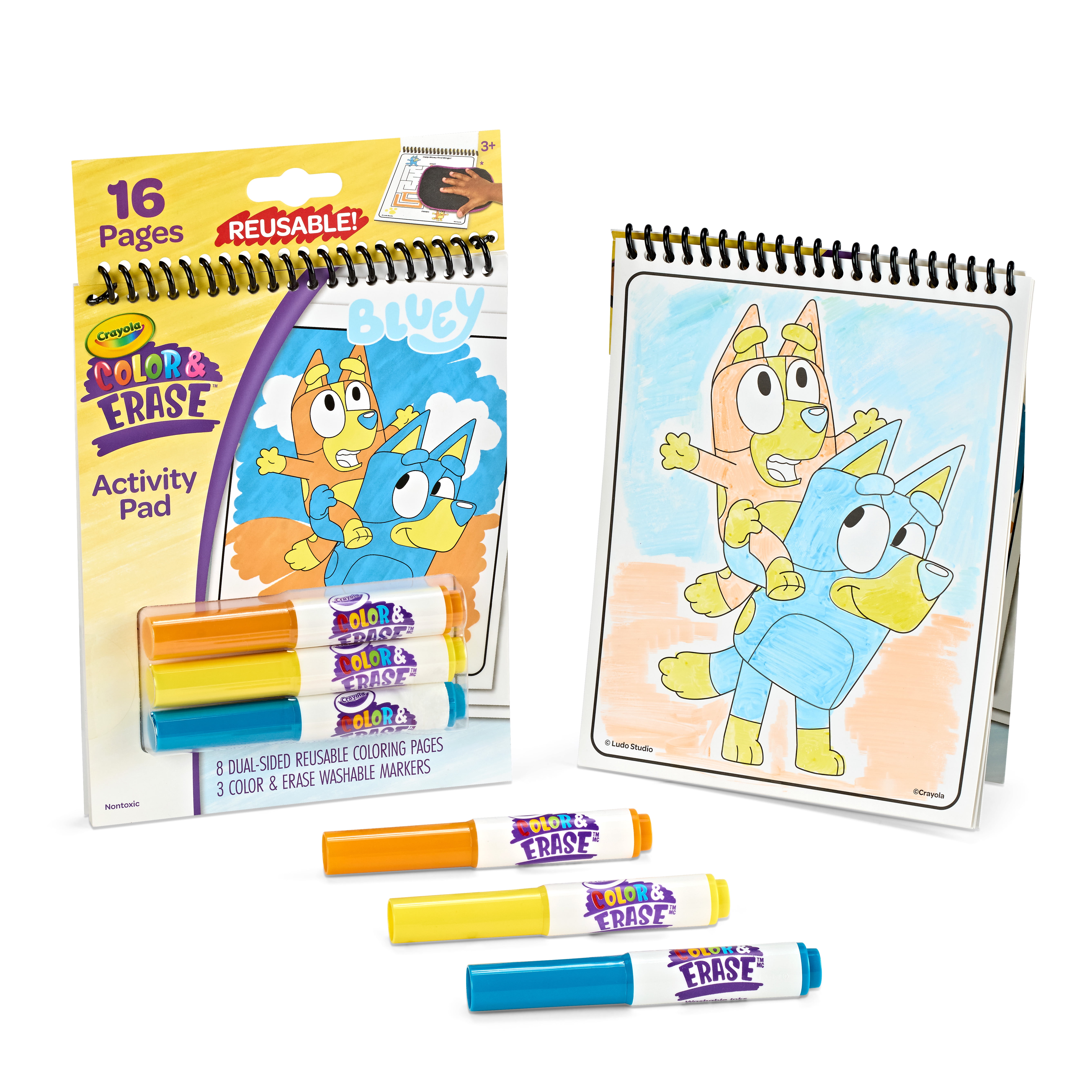Crayola Bluey Color and Erase Reusable Activity Pad (Multicolor, 8 Pages with 3 Washable Markers) p5yzz