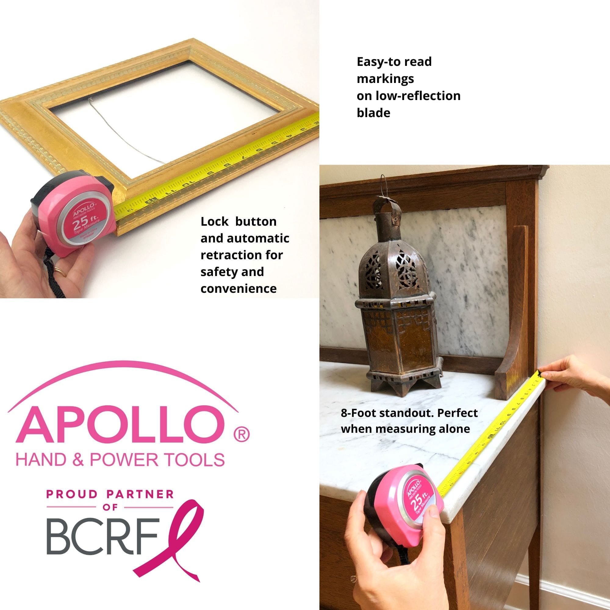 Apollo Tools 25 ft. Tape Measure Heavy-Duty Retractable Measuring Tool (Pink, 25 ft.) 0z5ke