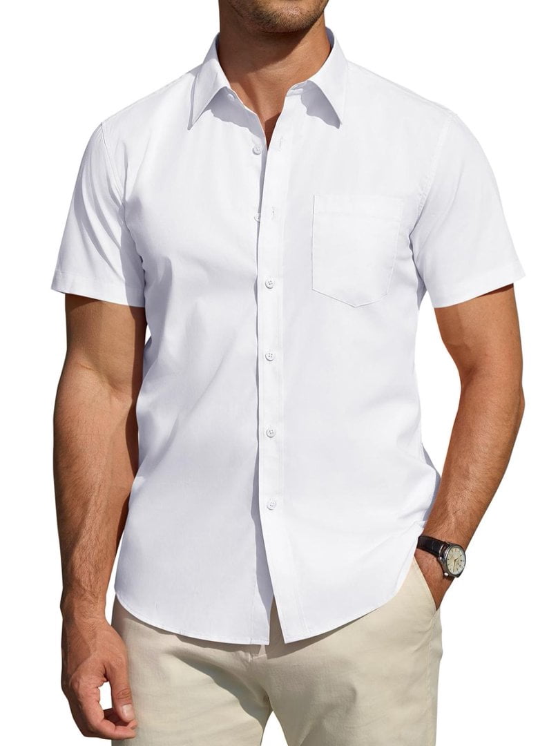 Youclos Men's Short Sleeve Dress Shirt Casual Button Down Wrinkle-Free (White, Regular Fit) 854yh