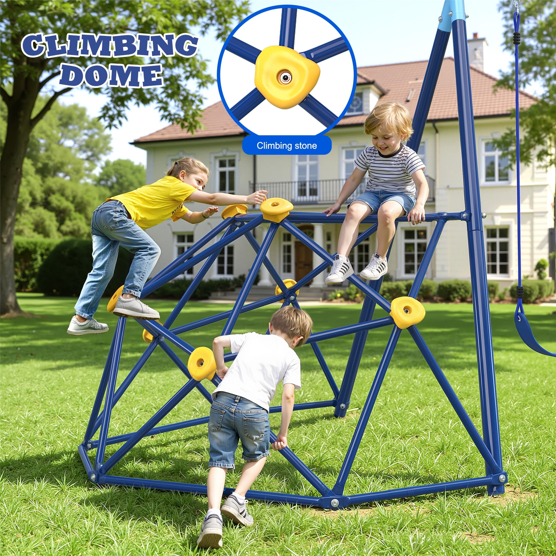 SMkidsport Metal Swing Set with Slide and 6ft Climbing Dome (Blue, 500 lb Capacity) zyj0v