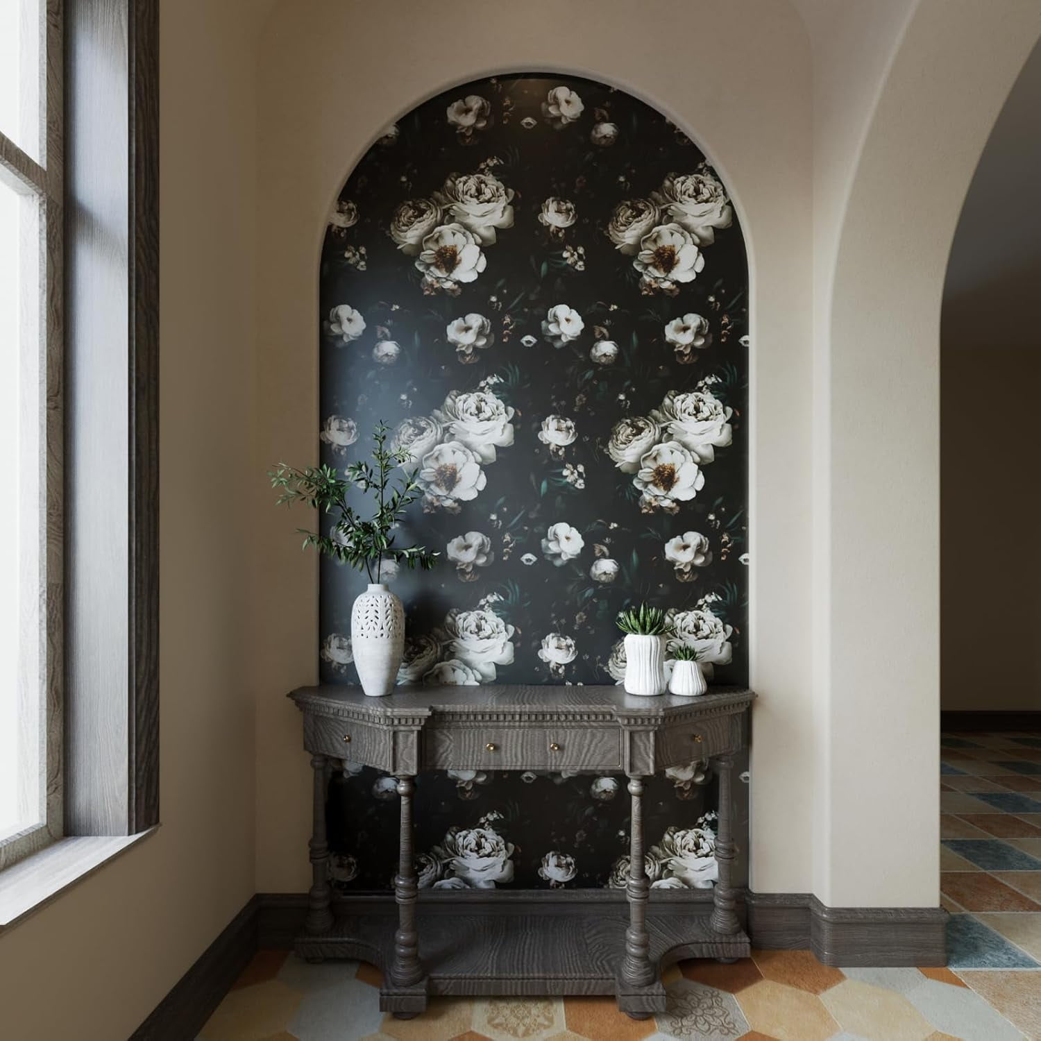 Usachibb Vintage Floral Bird Wallpaper Peel and Stick Boho Wall Mural (Black/Gold, 17.5 in x 118 in) av4xl