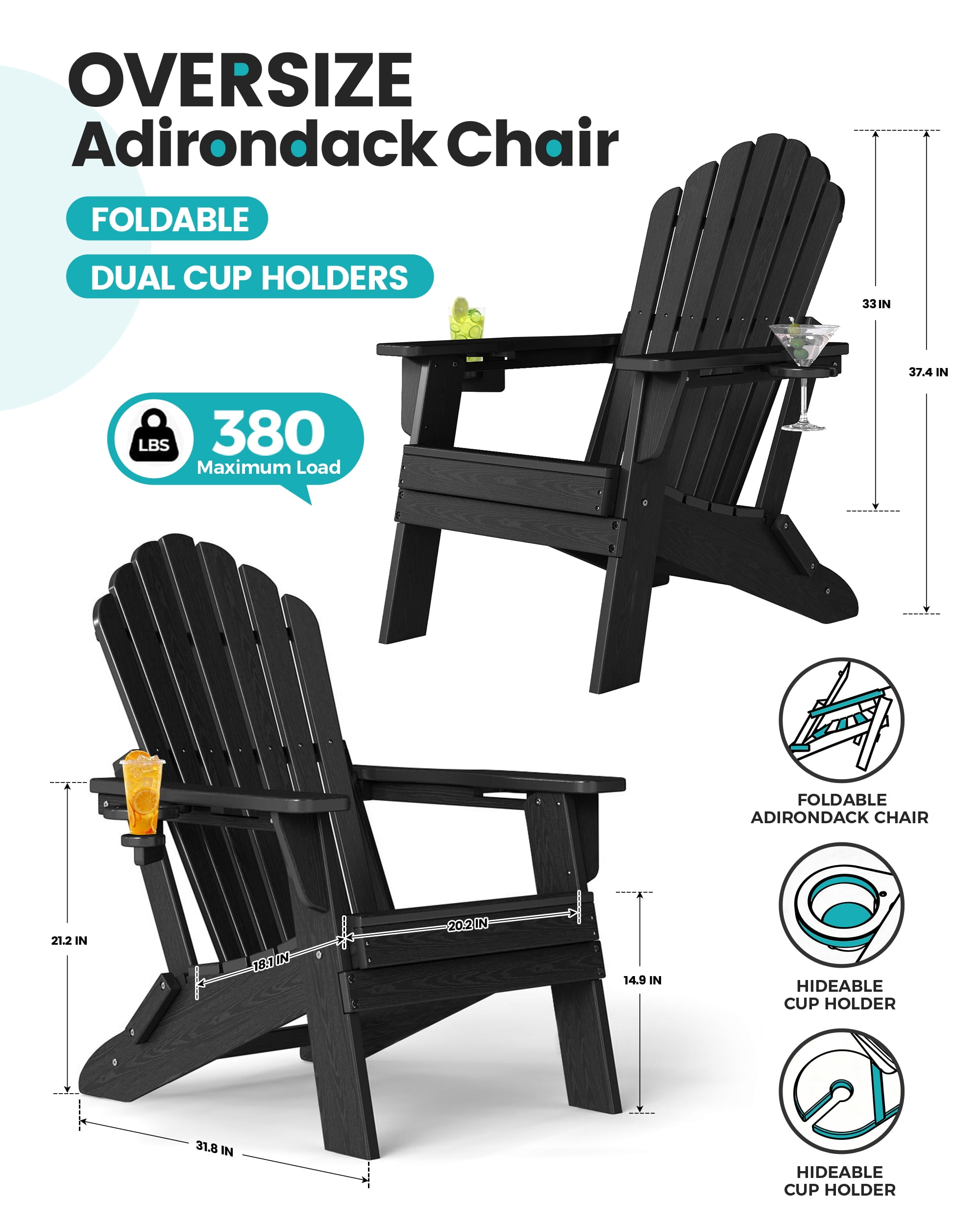 Cobiod Outdoor Adirondack Chair, Foldable Lawn Chair with Dual Cup Holders, Weather Resistant High Back (Black, 33 in Backrest) lp9tx