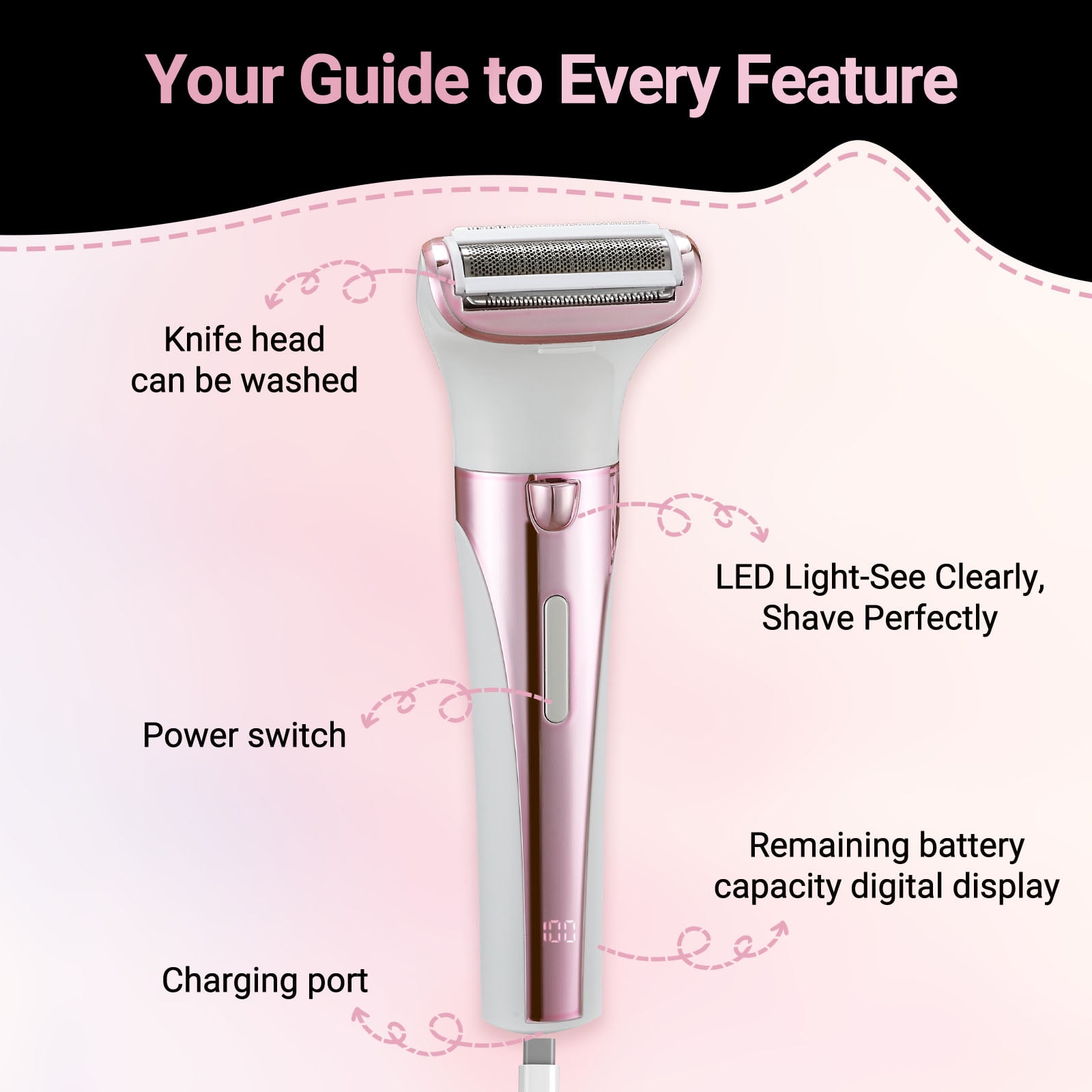 TURKIO 5-in-1 Electric Shaver for Women, Cordless Rechargeable Hair Removal Trimmer for Face and Body (Pink, 1 Count) ndu8g