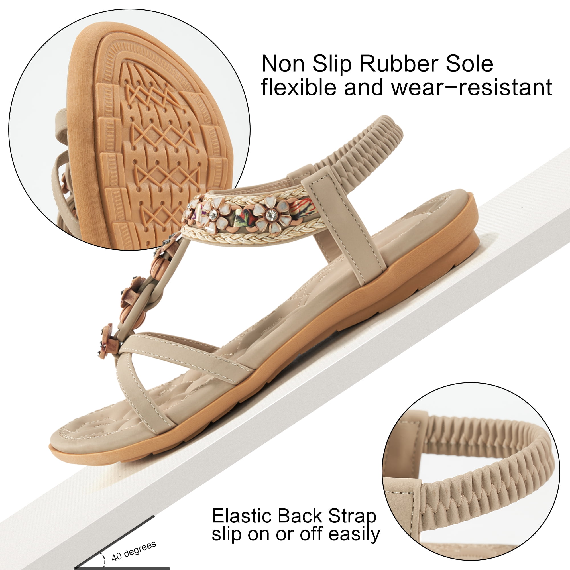 Ablanczoom Womens Beaded Flat Sandals Arch Support Comfortable Summer Beach Shoes (Beige, 8) 7wcki