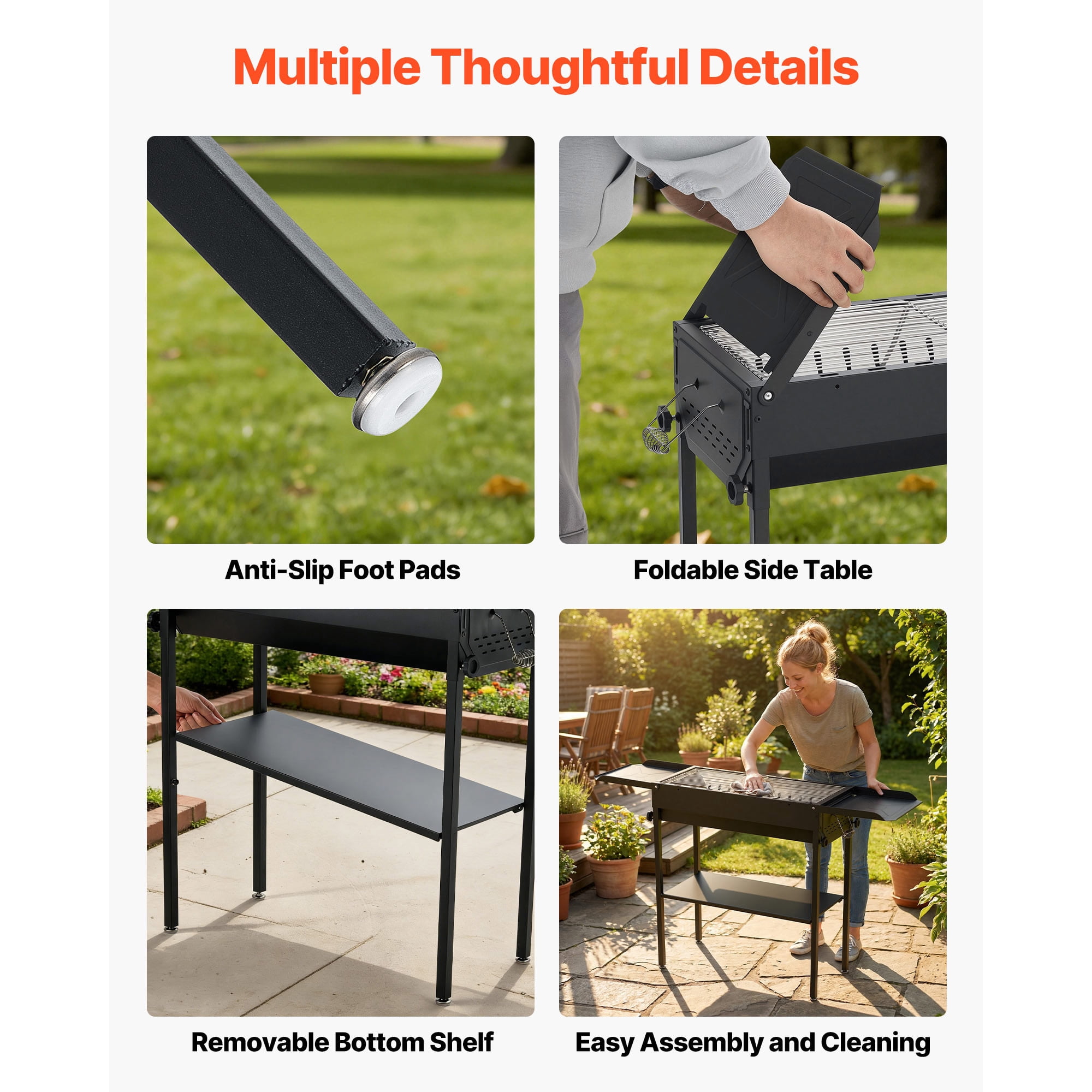 KFFKFF Foldable Charcoal Grill, Portable BBQ Grill with Adjustable Height and Side Tables (Black, 314 sq.in.) 2p0vs