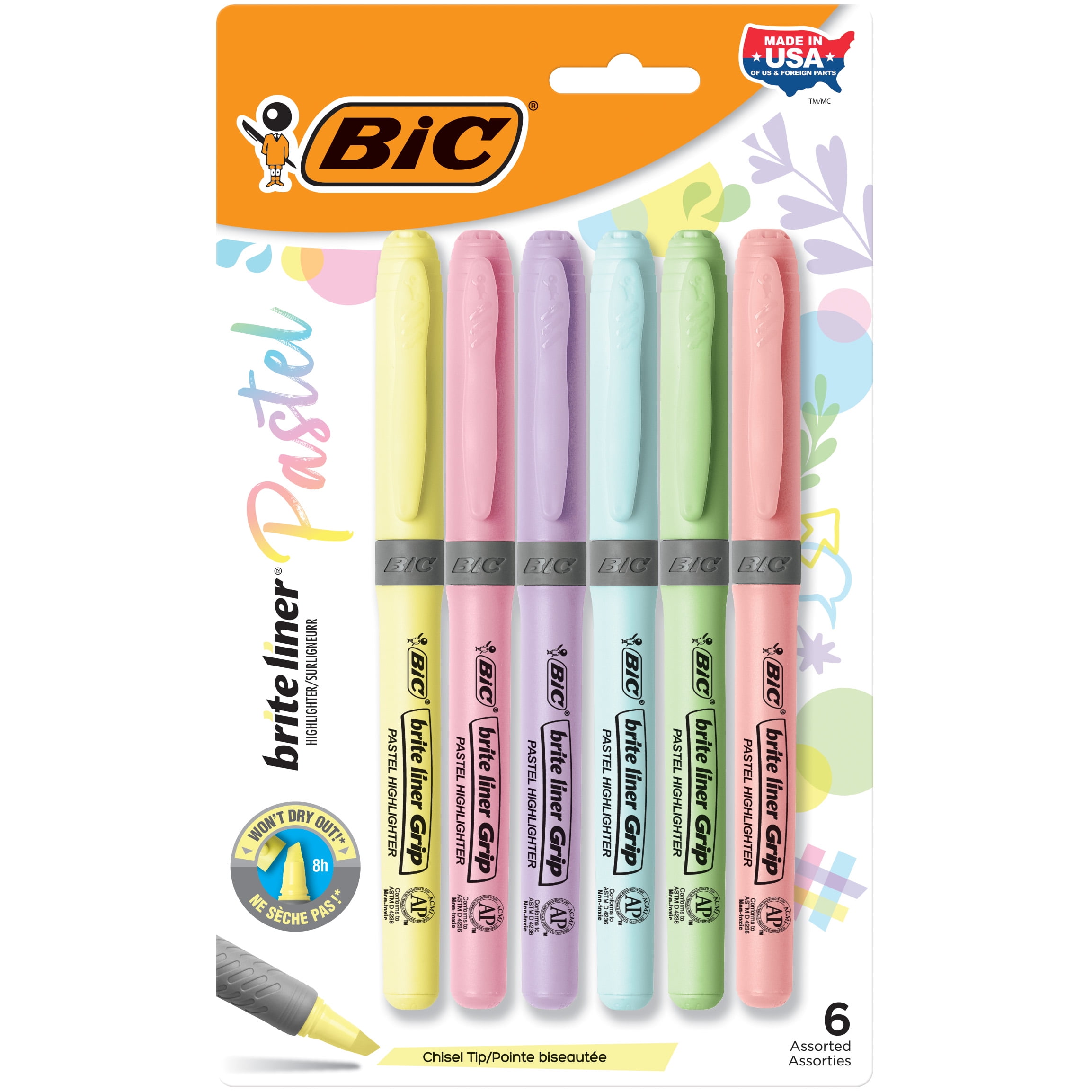 BIC Brite Liner Chisel Point Highlighter Set, Assorted Pastel Colors (6 Count) 96wnf