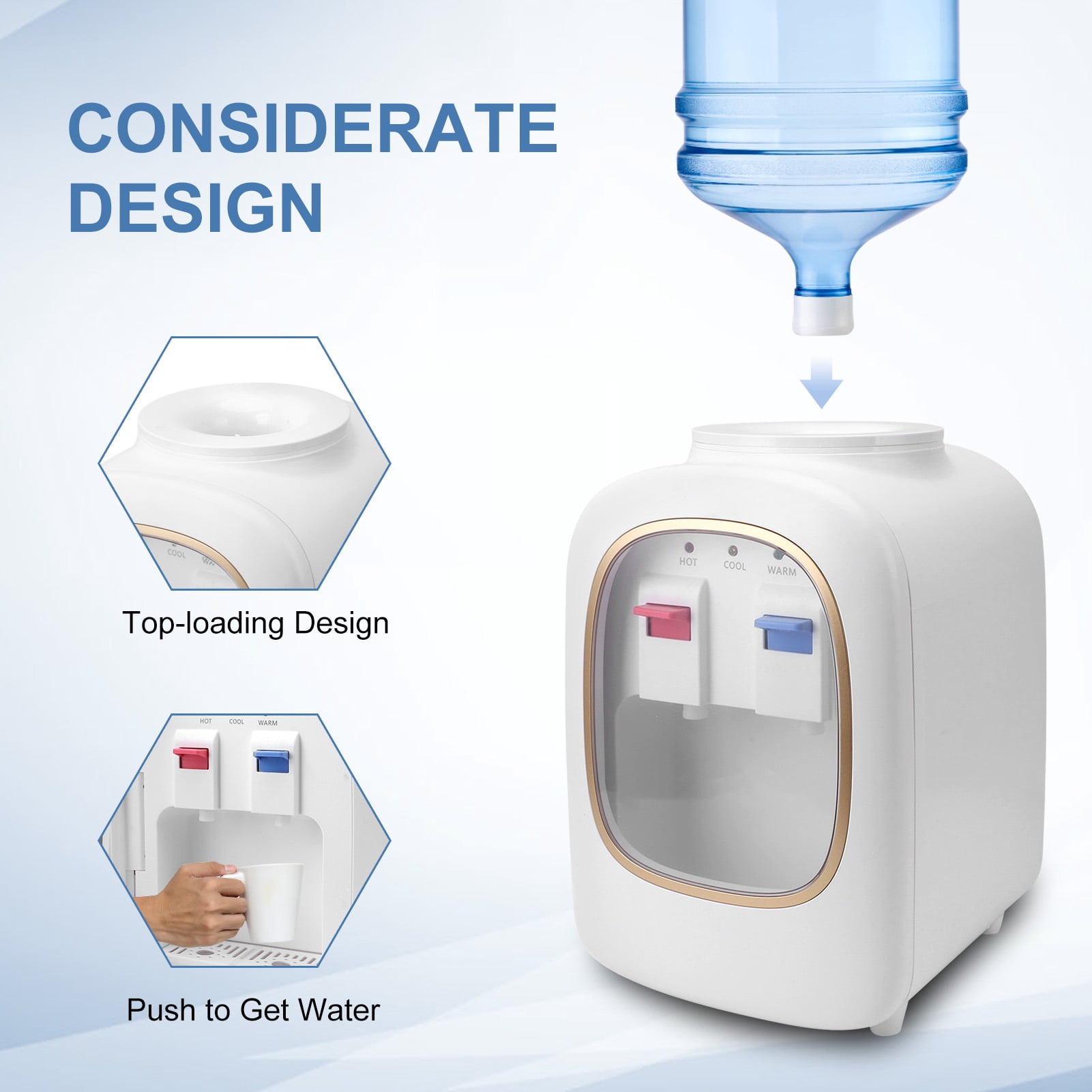 Fyydes Countertop Water Cooler Dispenser, 3-Temperature Settings, Top Loading for 3 & 5 Gallon Jugs (White) nqigm