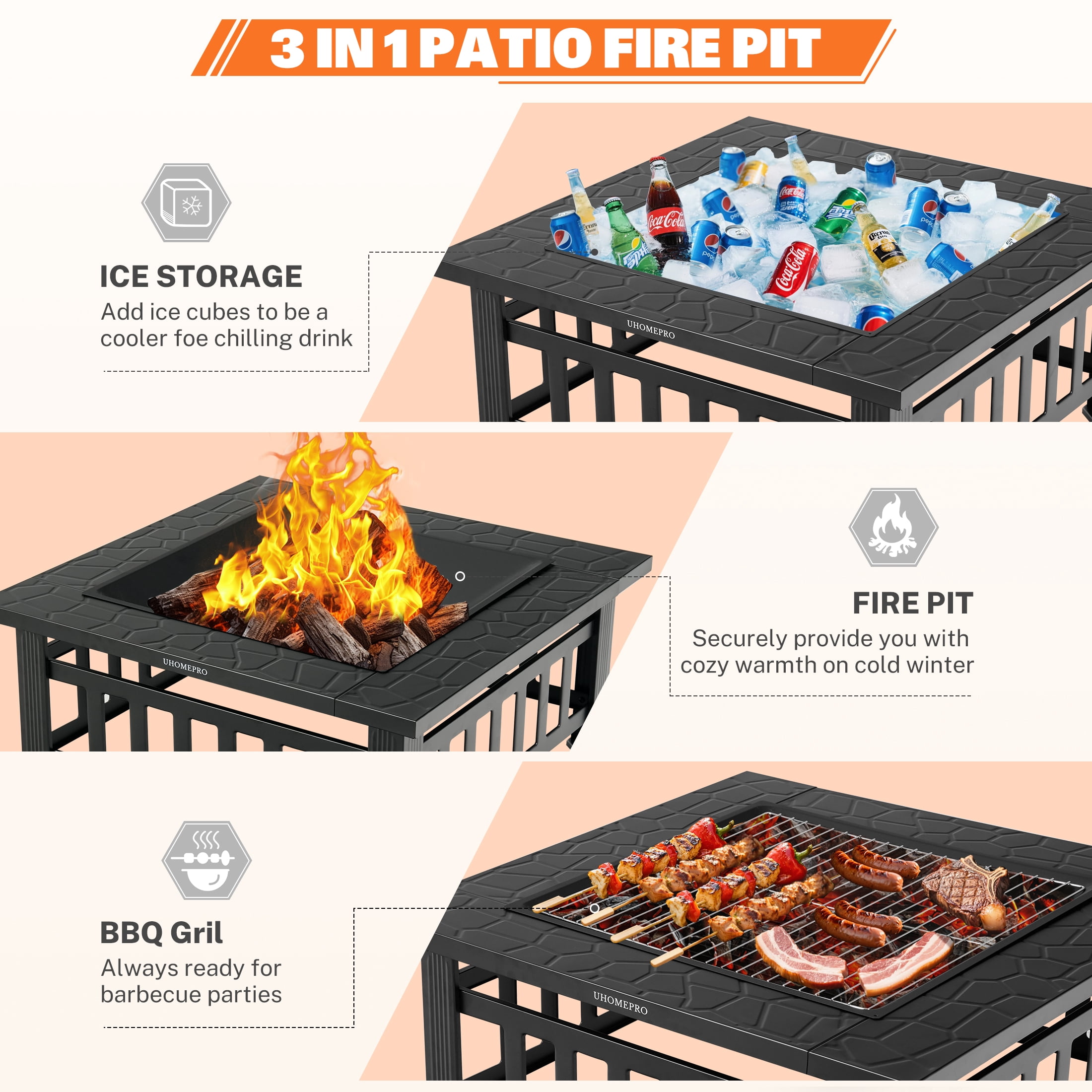 uhomepro 32 in Wood Burning Fire Pit Table with Firewood Rack and BBQ Grill Set (Black, 32 in) 2g8yc