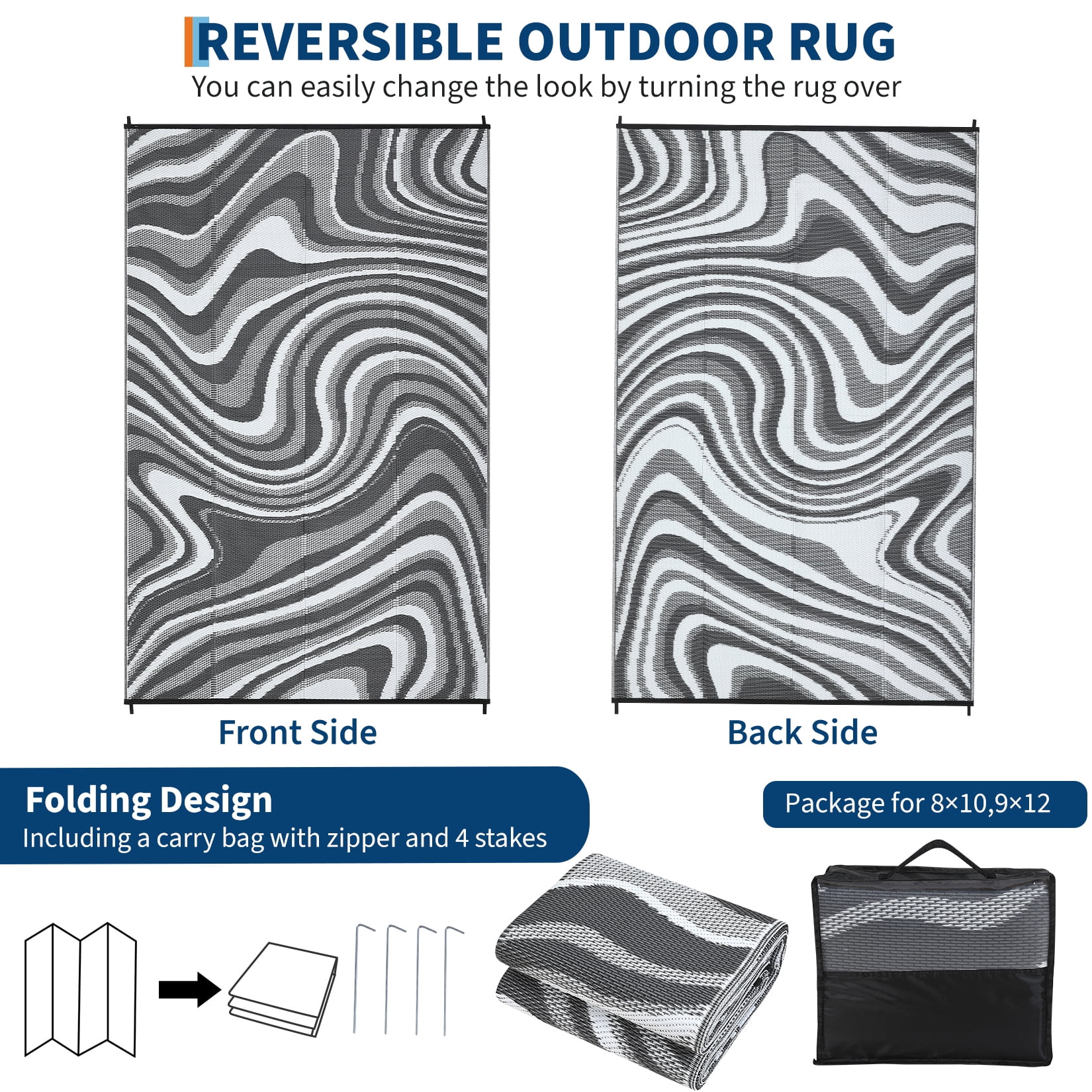 GIMMYFIVE Reversible Plastic Straw Indoor Outdoor Rug, Waterproof Patio Mat for Camping and RV (Black, 5 ft x 8 ft) uli5l