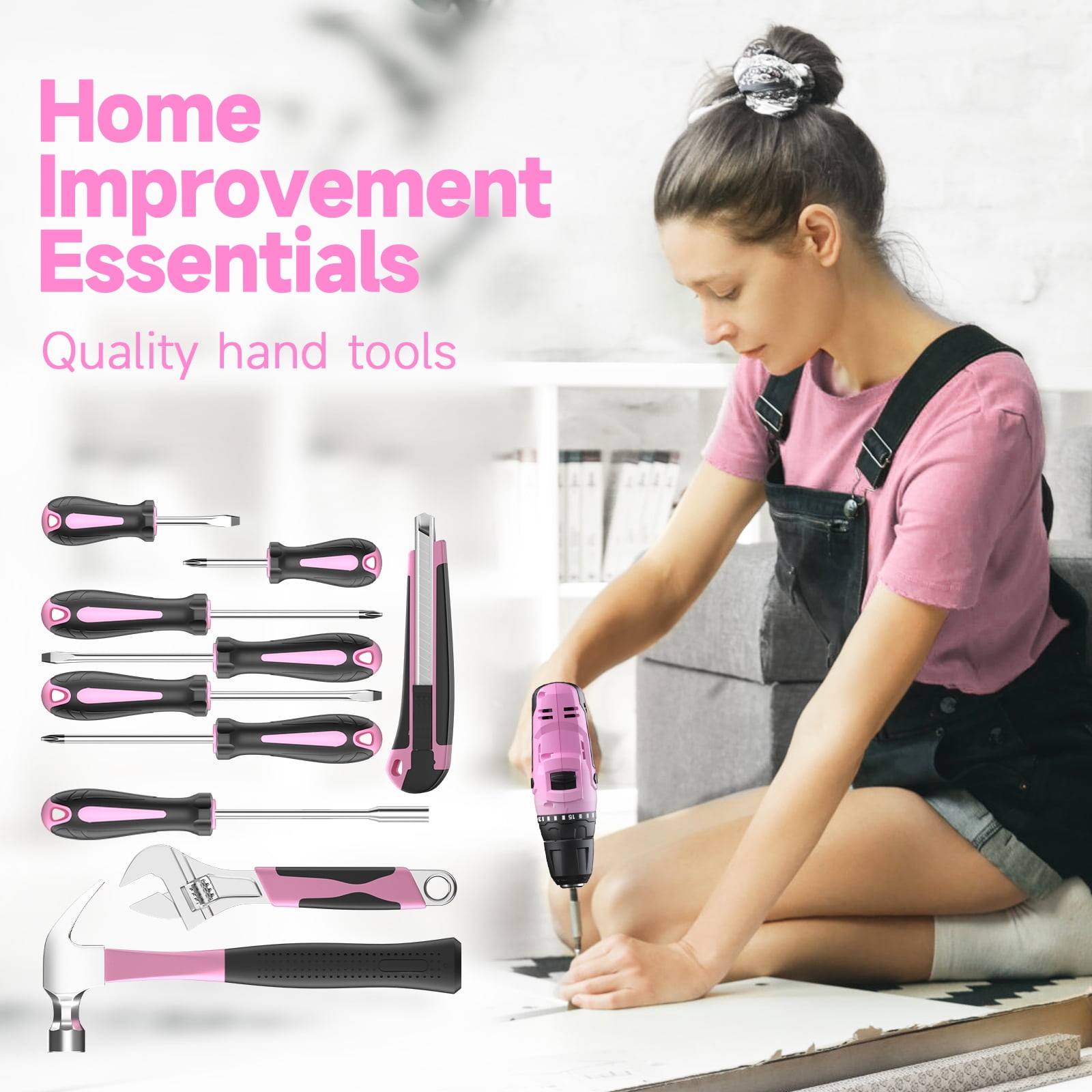 Pulituo 20V Cordless Drill Driver Kit, 238-Piece Home Repair Tool Set with Battery and Storage Case (Pink, 238-Piece) dxrfn