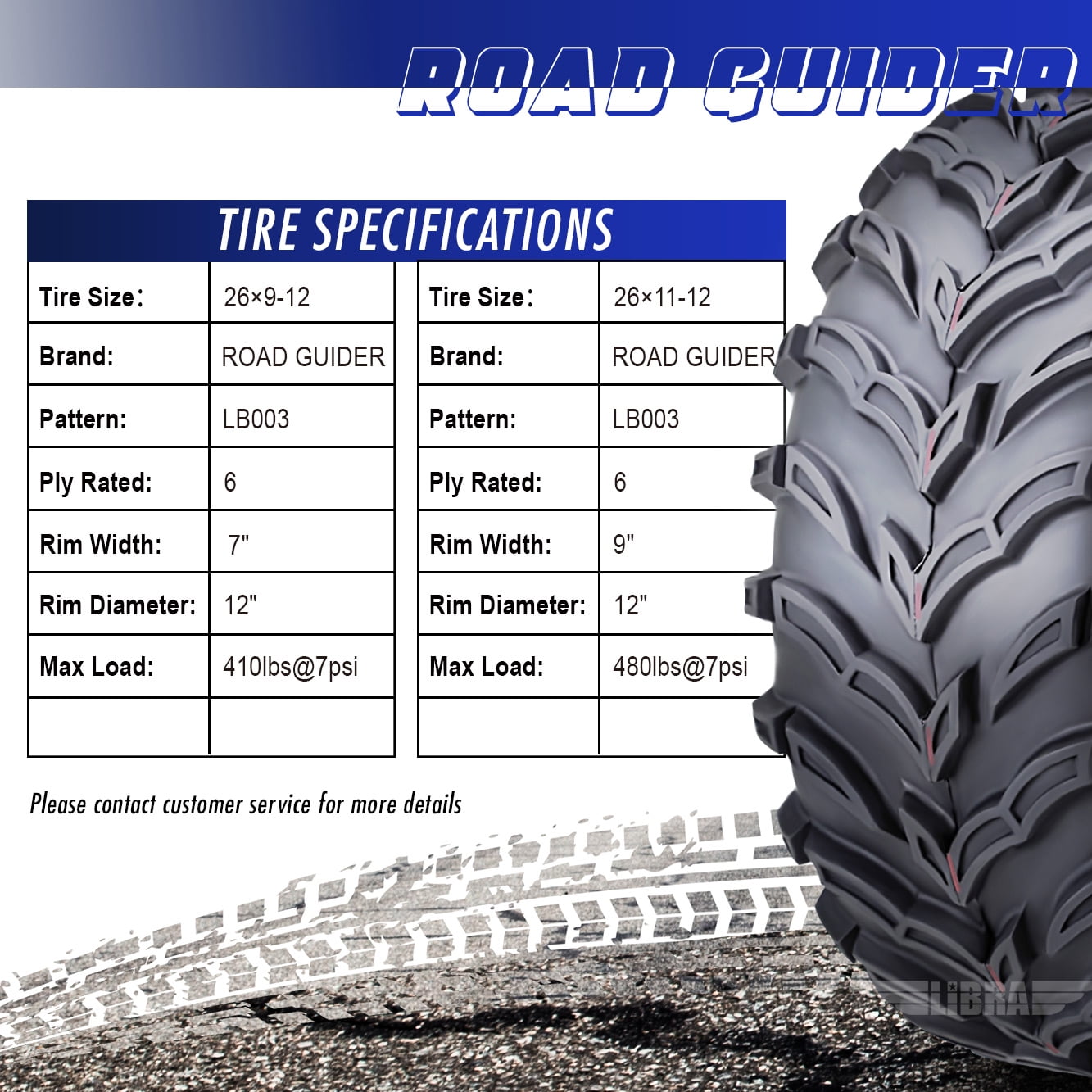 Roadguider ATV UTV Tires Set of 4 (26x9-12 Front, 26x11-12 Rear, 6-Ply Rated) 7i0mh