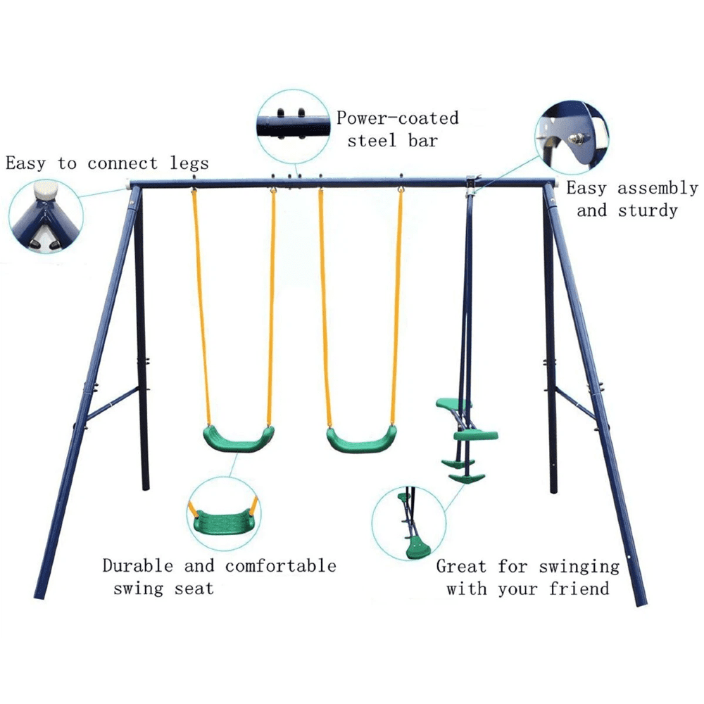 LuckyNote 2-in-1 Backyard Swing Set with Belt Swing and Glider, Heavy-Duty A-Frame Steel Outdoor Play Set (Blue, 114.17 in x 85.43 in x 70.47 in) 7ewqp