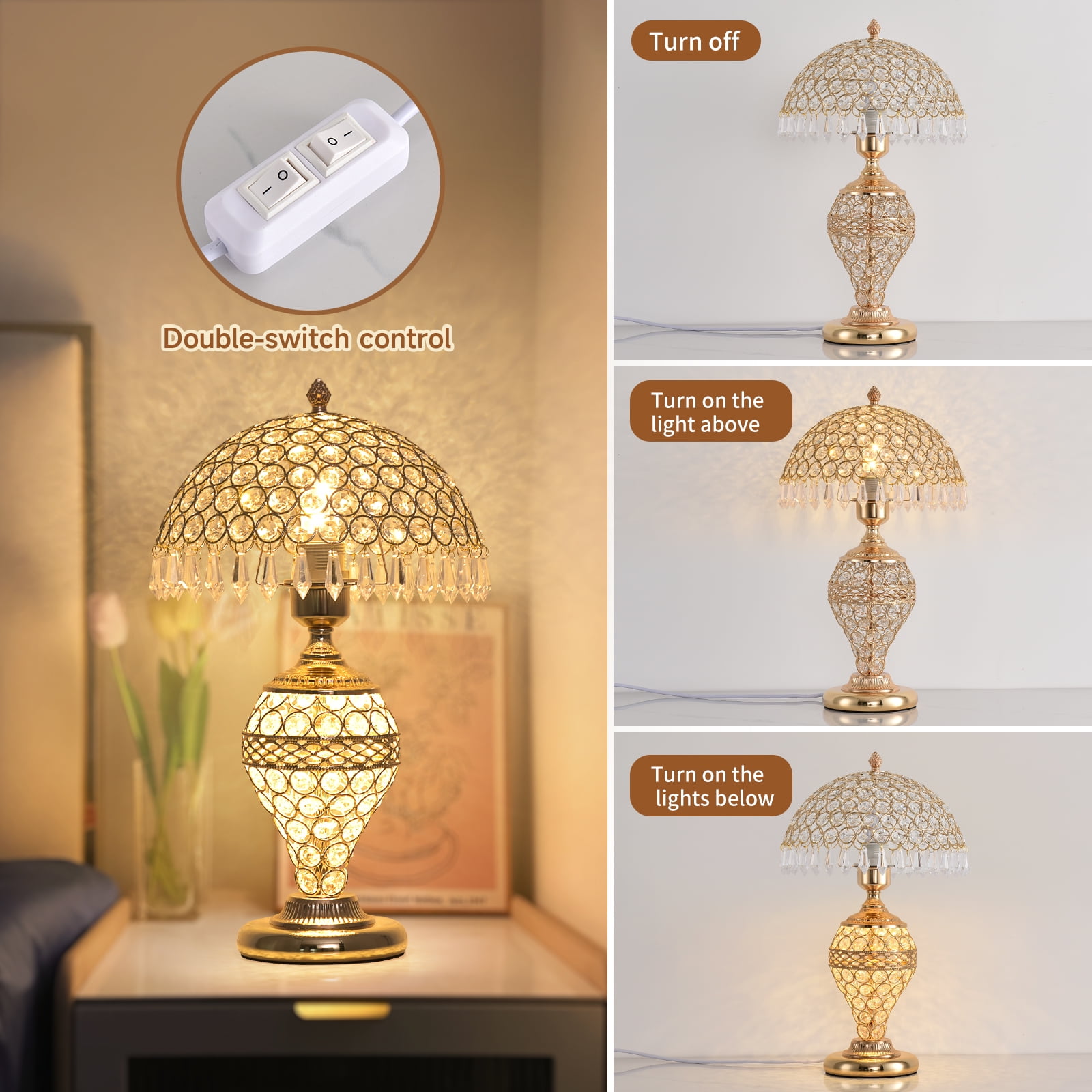 xiaojuande Crystal Table Lamp Modern LED Bedside Light with 3-Level Dimming (Silver, 9.8 in) 3v253